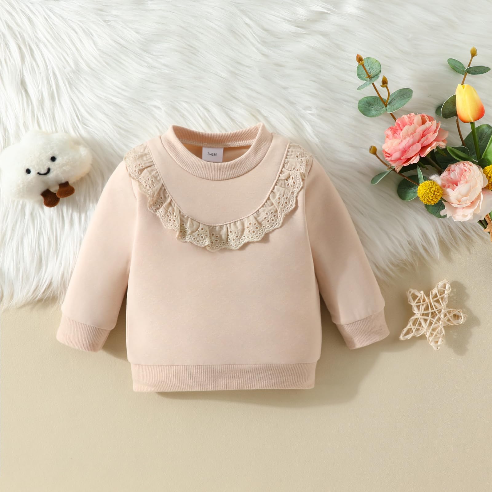 Yanmucy Sweatshirt pour Bébés Filles Vêtements Coton à Volants et Dentelle Sweatshirts Crewneck à Manches Longues Jumper Top Décontracté (FR/ES, Âge, 12 Mois, 18 Mois, Beige)