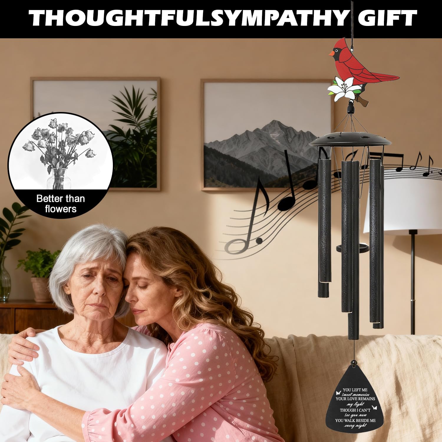 Cardinal Bird Sympathy Wind Chimes, Memorial Wind Chimes for Loss of Loved One Prime, Bereavement/Sympathy/Memorial Gift for Loss of Mother Father Husband Condolence (Black) - Image 3