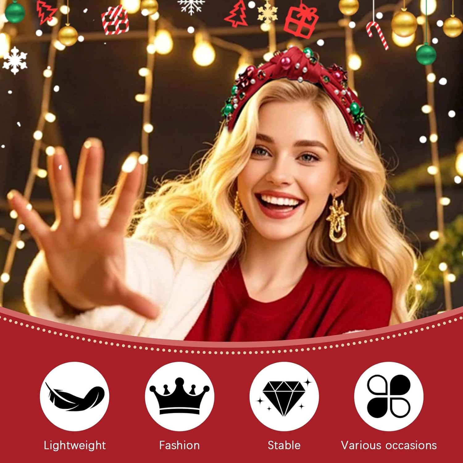 Christmas Headbands for Women with Pearl Crystal Flower Designs Red Headband Xmas Hairband Winter Hair Accessories 1Pcs - Image 5