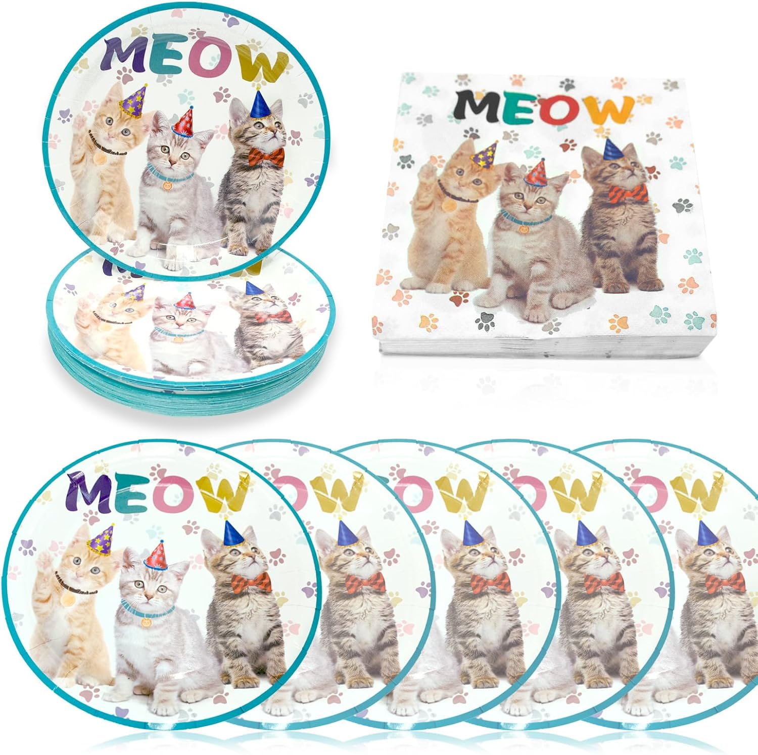 120 Pcs Cat Party Supplies 60 Pcs Kitten Plates and 60