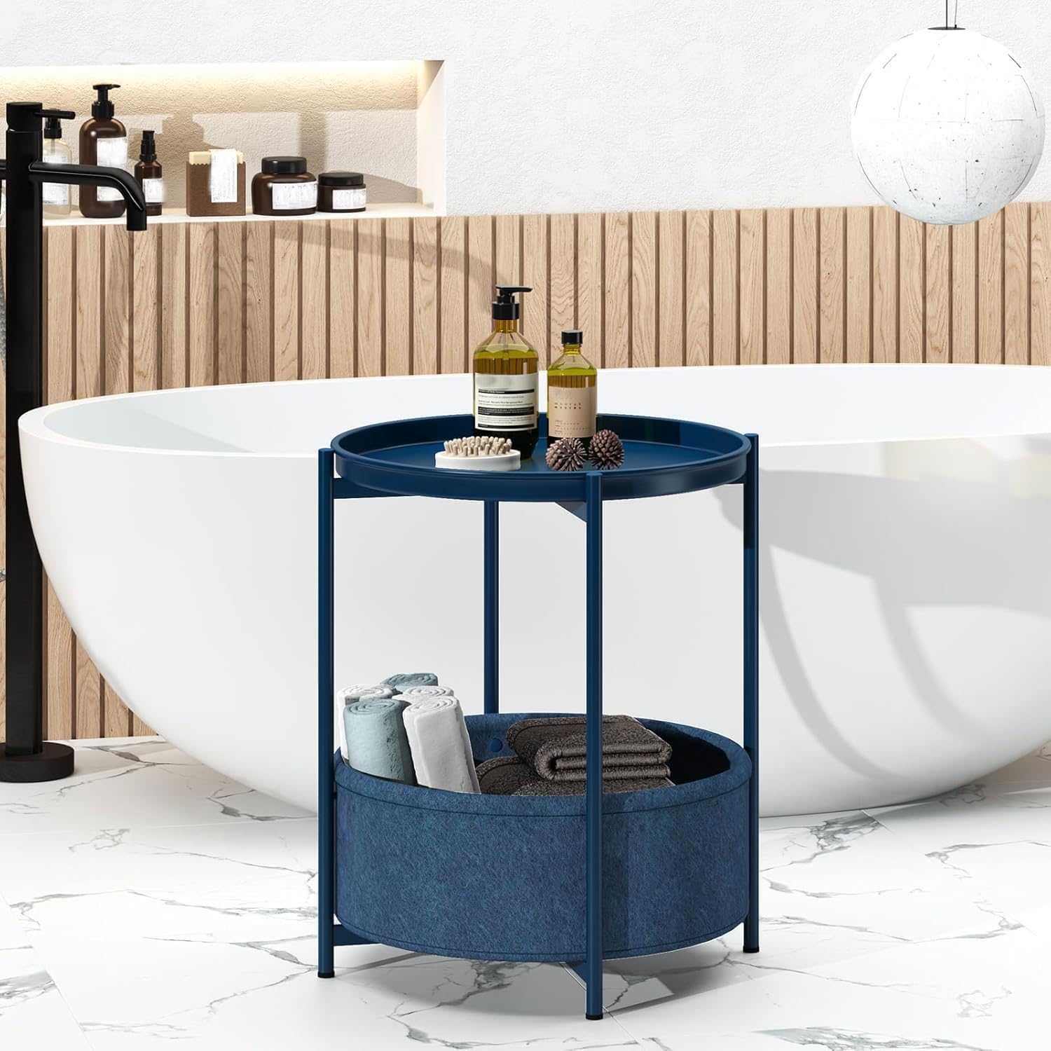 Huhote Tavolino rotondo con cestino in tessuto, piccolo comodino, comodino per soggiorno, camera da letto, bagno, balcone, stile moderno (blu)