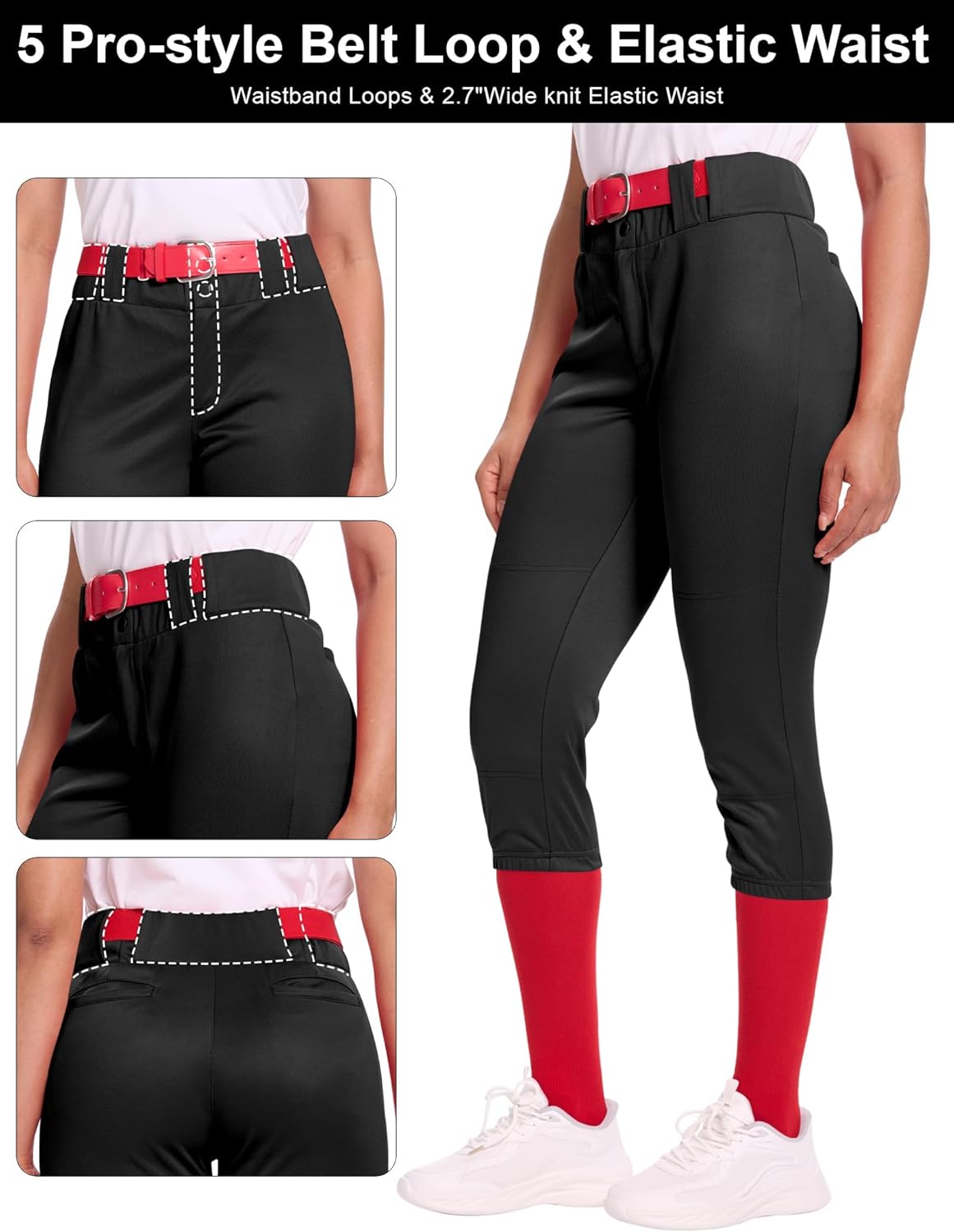 Dreammonkey Women's Softball Pants Low-Rise 3/4 Tapered Leg with Dual-Layer Knee Protection for Baseball Fastpitch - Image 3