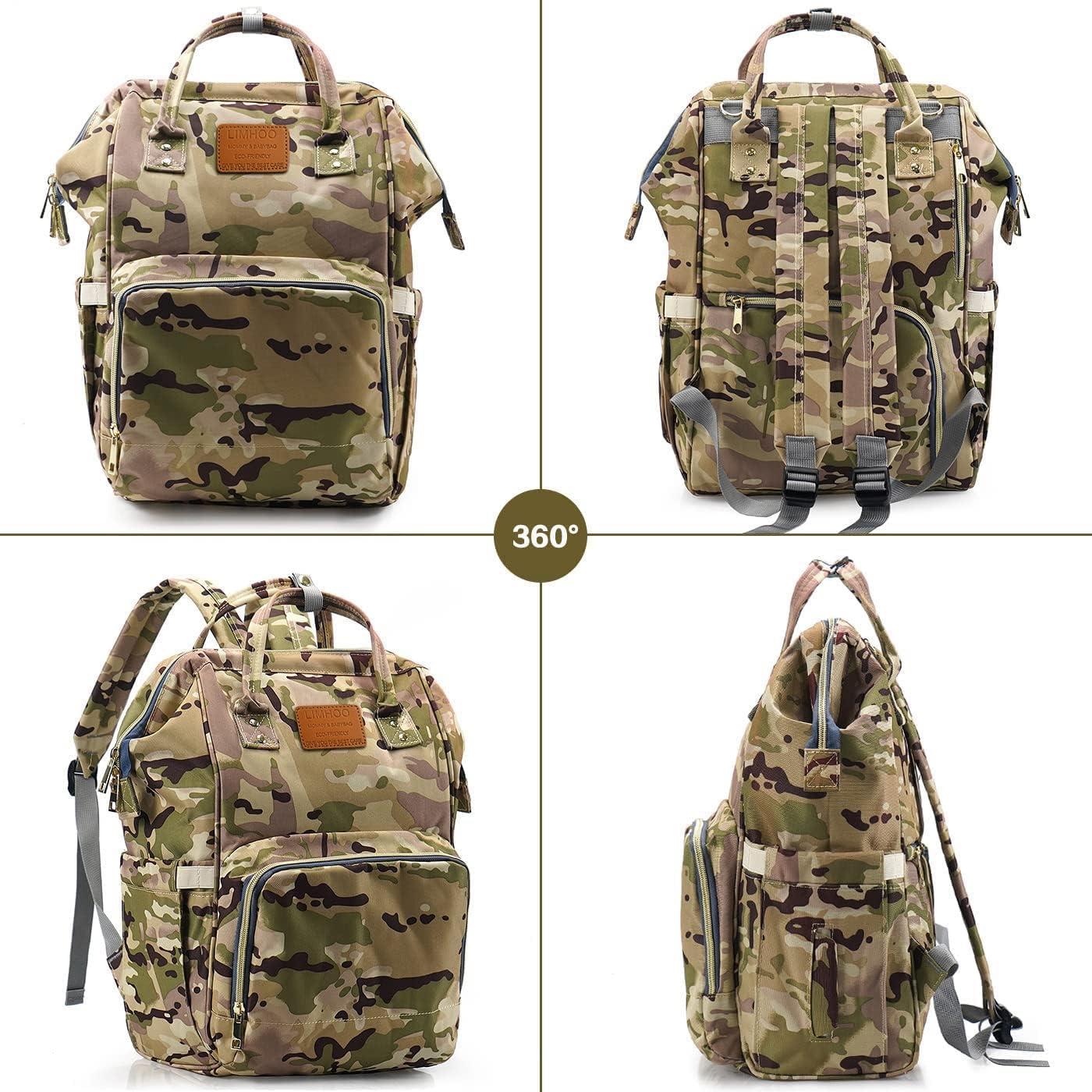 LIMHOO Diaper Bag Backpack for Men Dad, Waterproof Large Canvas Camo Nappy Bags, Baby Care Bag (Camo)