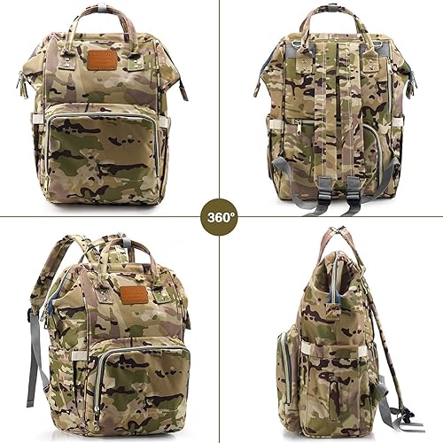 Miniatura 7 de LIMHOO Mochila para pañales para hombres y papá, bolsa de pañales de camuflaje de lona grande impermeable para el cuidado del bebé, Camuflaje,