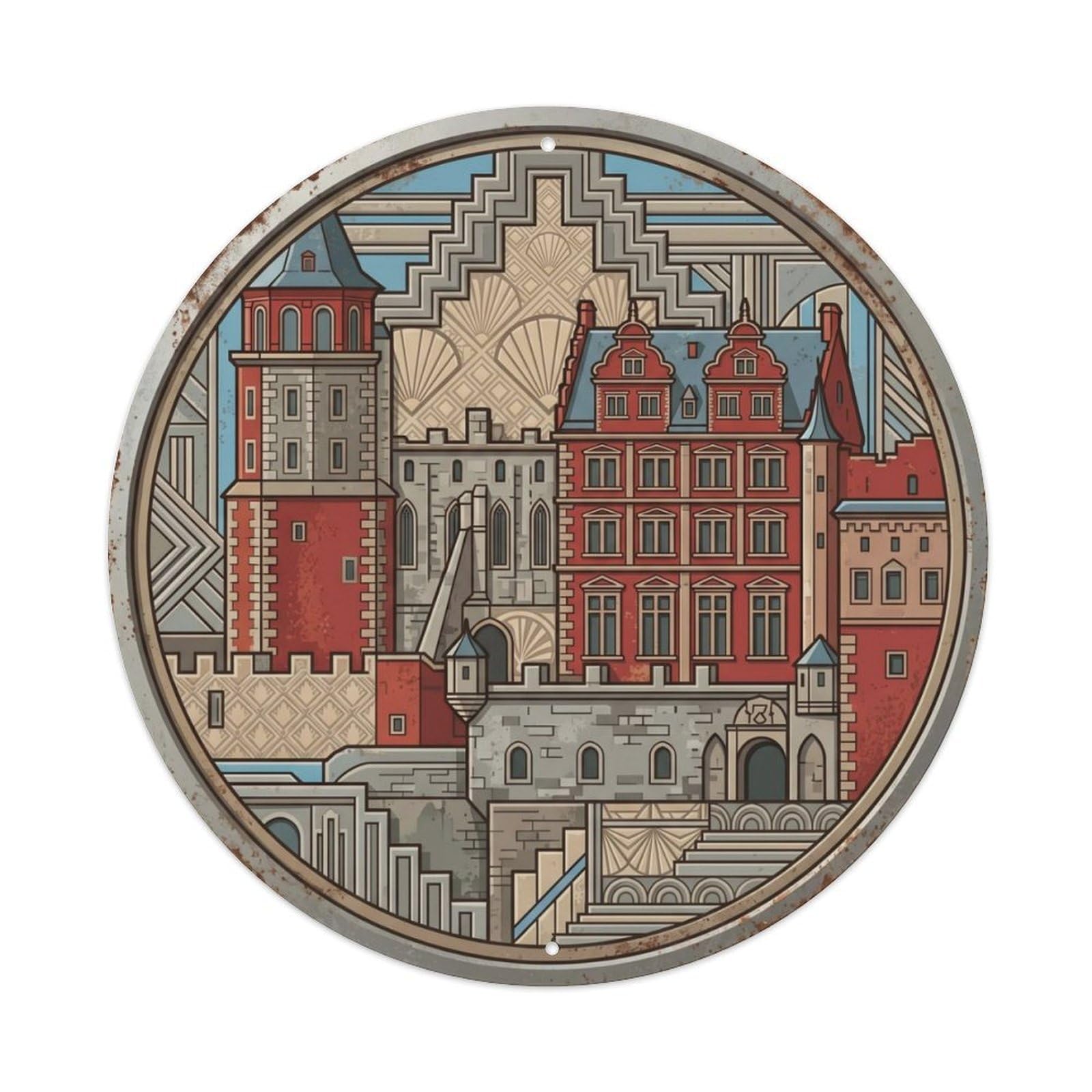 Heidelberg Macro Castle Travel Metal Tin Sign Plaque Wall Decor for Cafe, Club Bar, Office, Home Garden Round Metal Poster 8x8Inch