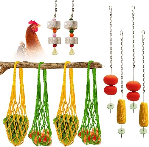 Comedero colgante de verduras de pollo, bolsa de hilo de verduras de pollo (amarillo y verde), comedero de repollo - Juguete de gallinero con piedra