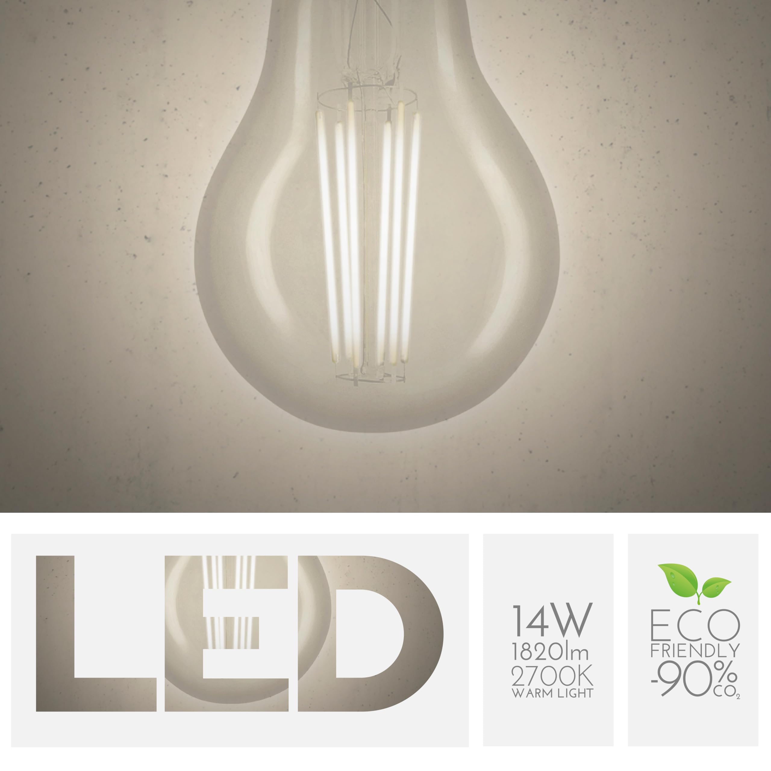 Lampadina Goccia 14W Pari a 140W, E27, Vetro Trasparente, 2700K Luce Naturale, filamento LED dritto, 1820 Lumen, Pack 10 Pezzi