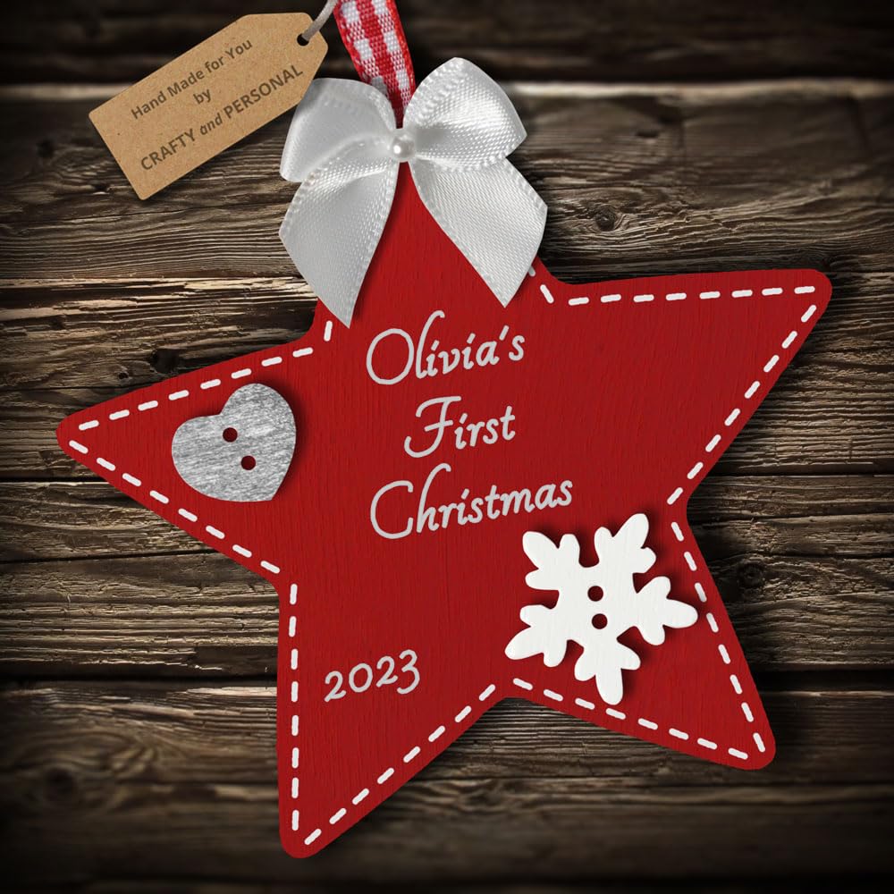 Multi-Colour Personalised Baby's First 1st Christmas Bauble Star tree decoration gift wooden hanging ornament keepsake for boy or girl (Deep Red #2)