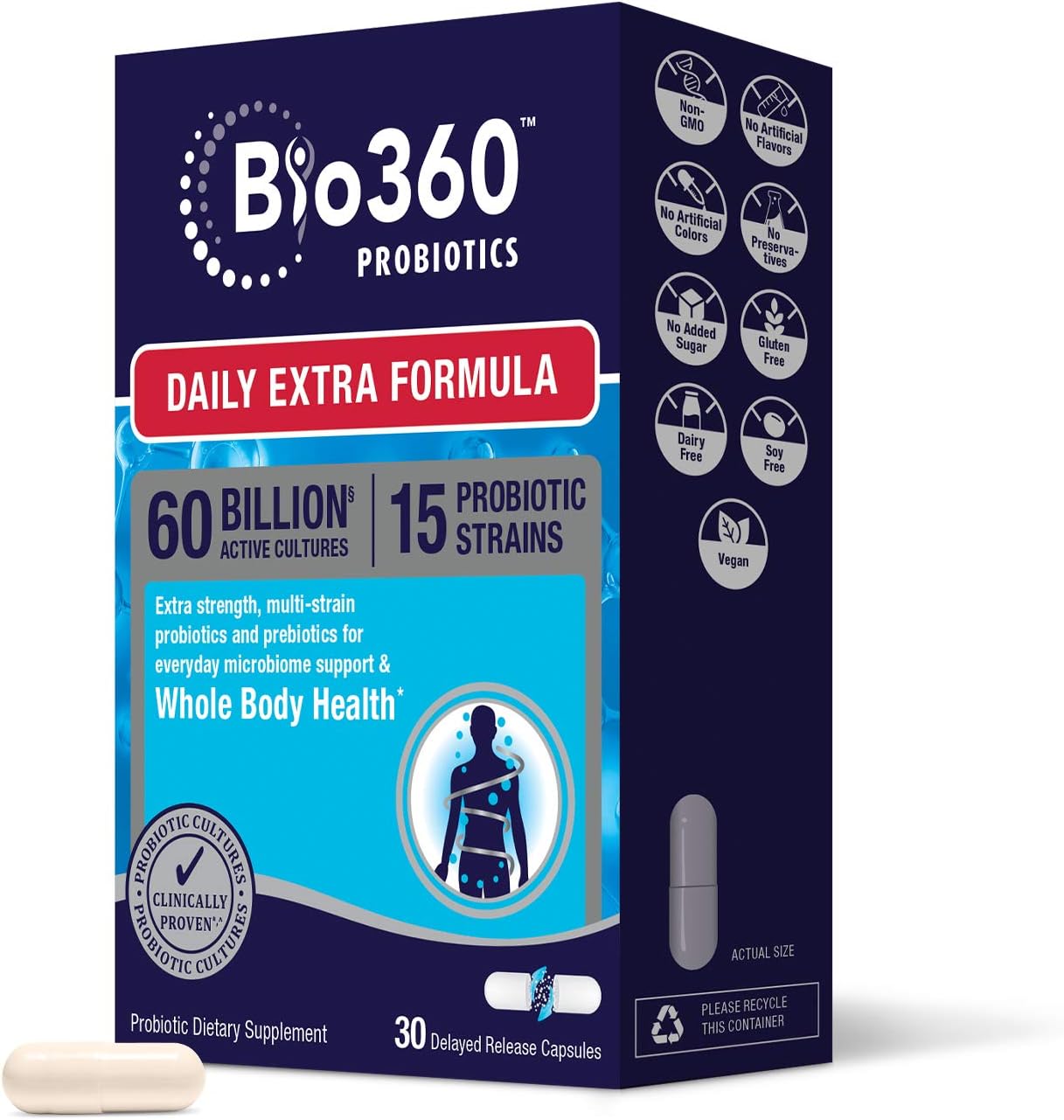 Bio360 Probiotic Daily Extra Formula | Vegan Prebiotics and Probiotics for Women & Men | 60 Billion CFU 15 Strain | Stable Blister Pack | 30 Supplements : Health & Household