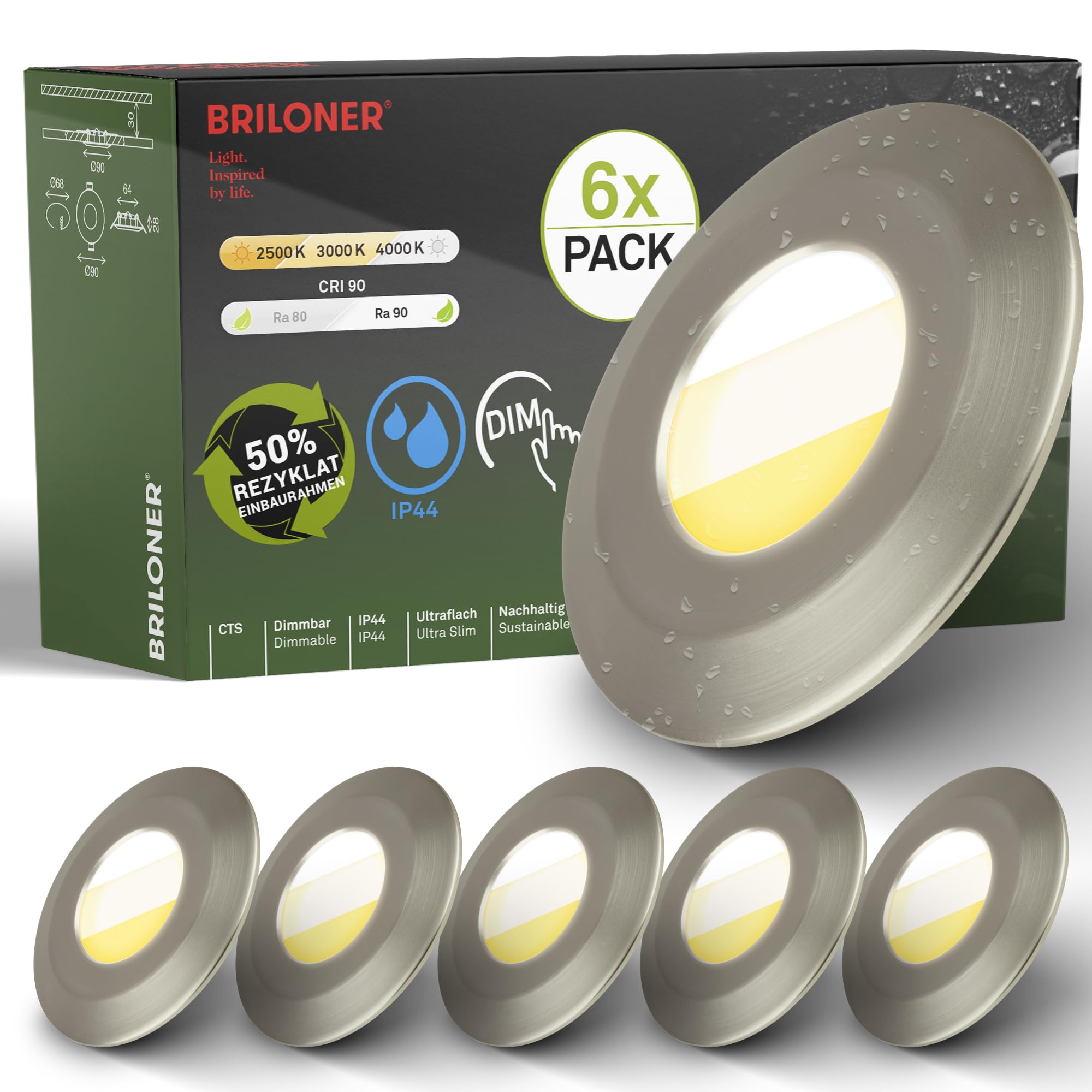 BRILONER - 6er Set LED Bad Einbaustrahler 230V Gehäuse 50% recycelt, Farbtemperaturwechsel, Dimmbar, IP44, Ra90, LED Spot, flach, Decke, Einbauleuchten, Badezimmer, 68mm, 90x30mm (DxH), Matt-Nickel