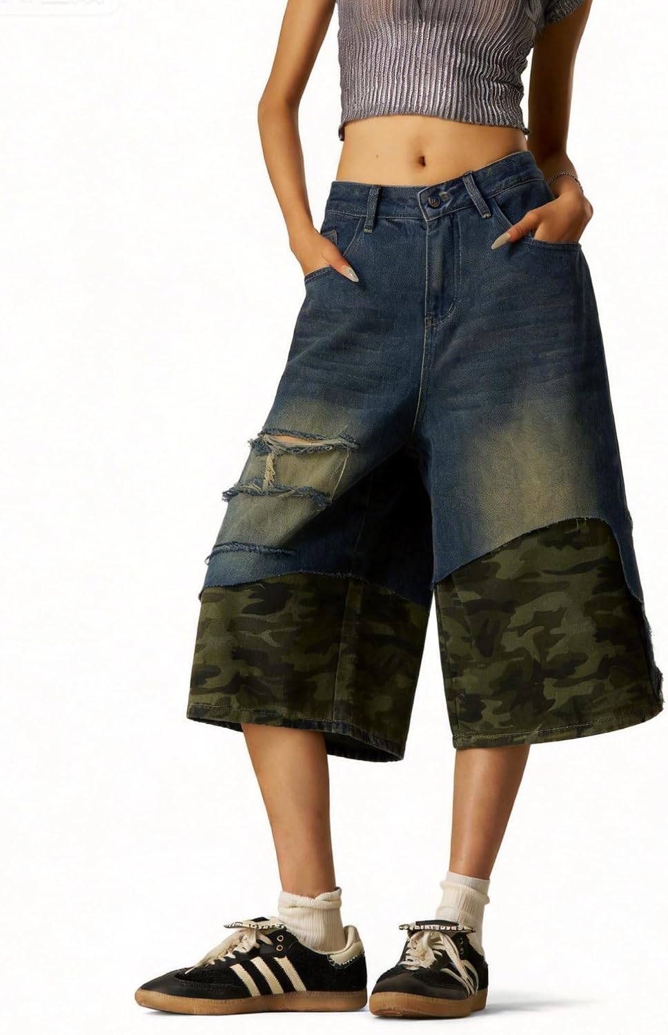 Aelfric Eden Camo Baggy Jorts Distressed Patchwork Denim Shorts Streetwear Vintage Summer Unisex Wide Leg Jean Shorts