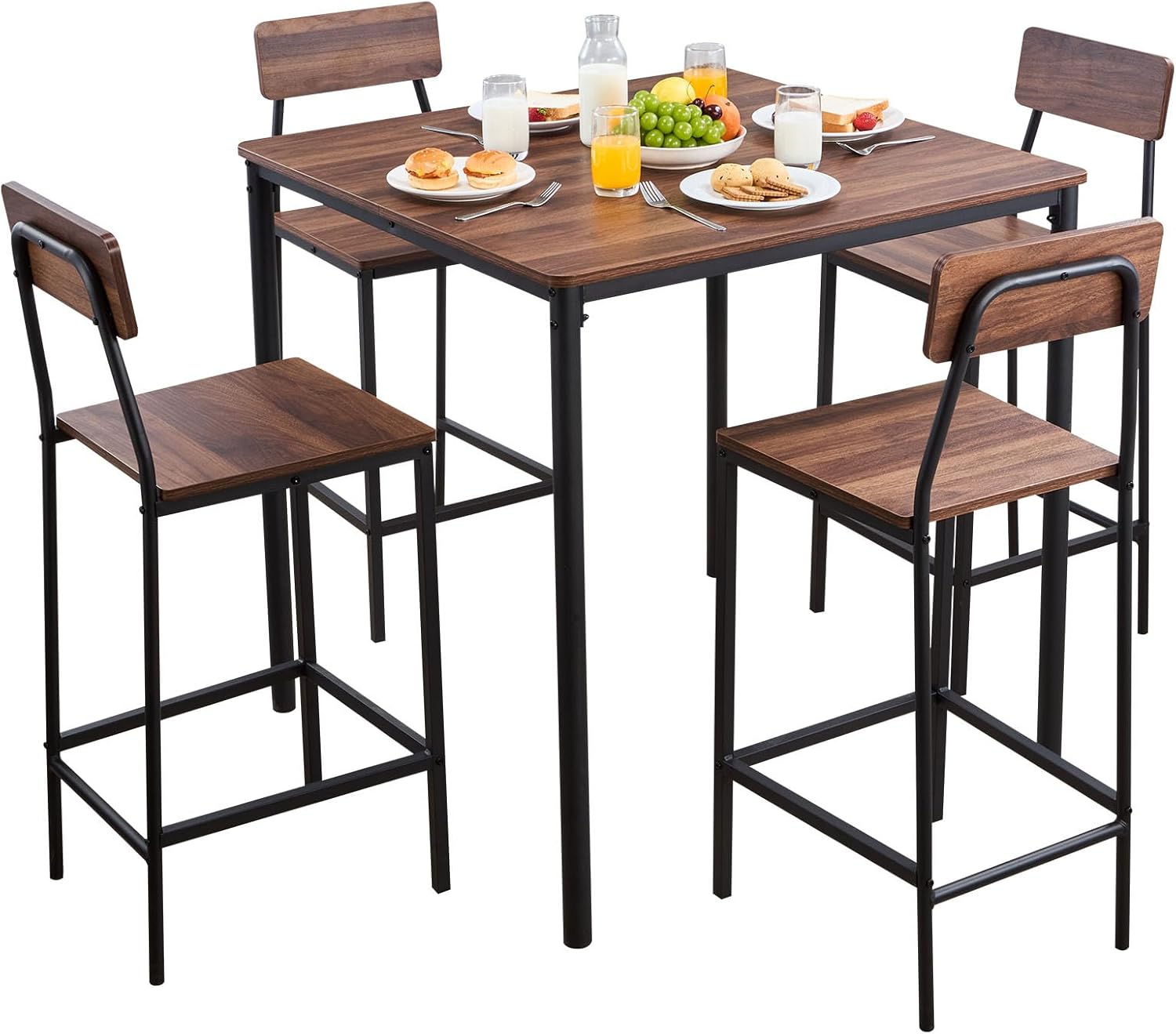 VEVOR Bar Table and Chairs Set, 5PCS 35″ Bars Tables Set with Rounded Edge Design, Square Pub Table with Four Stools for Living Room, Dining Room, K