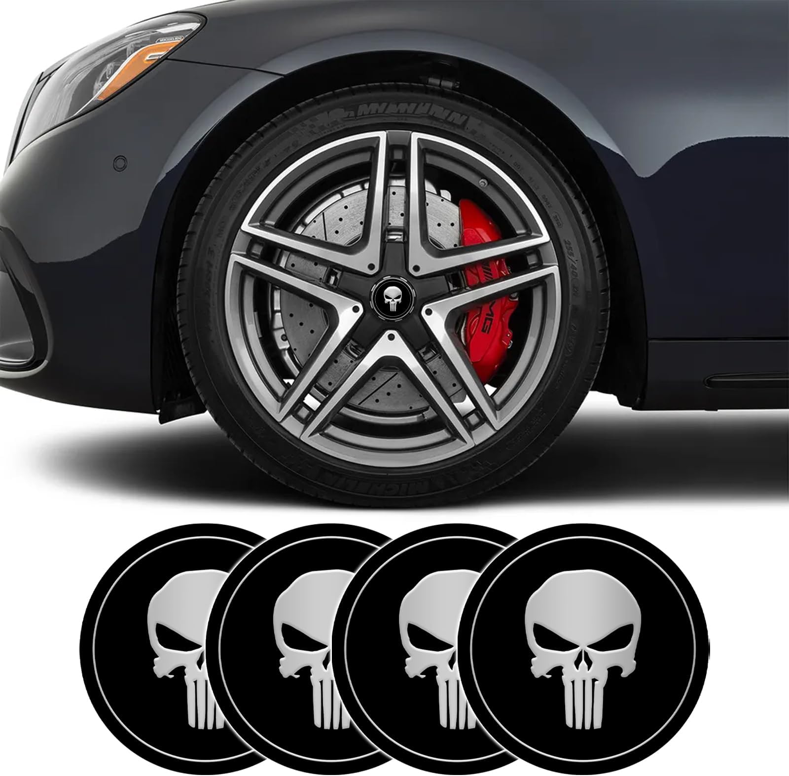 UZZH 4 PCS Skull Car Wheel Center Caps, 2.2" Center Caps for Rims, Automotive Exterior Accessories Waterproof & Rustproof Wheel Hub Center Cap Cover Stickers for Car Truck SUV (Black)