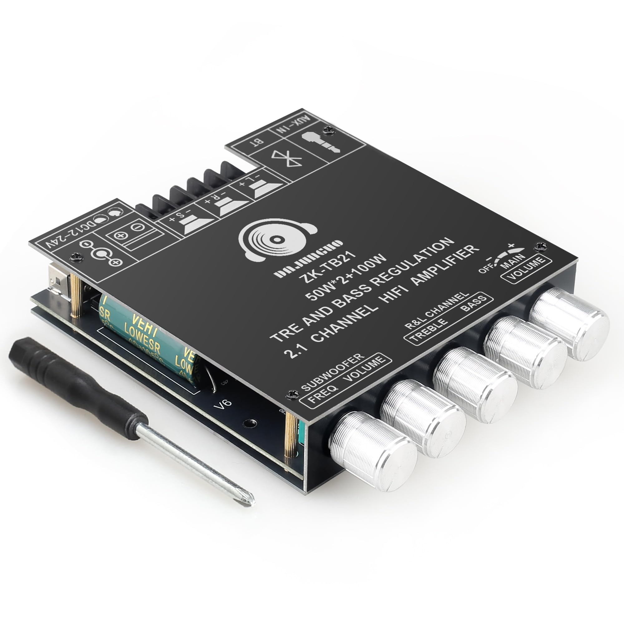 ZK-TB21 Power Amplifier Board Bluetooth5.1 TPA3116 Chip with Subwoofer 2.1 Channel 50W×2+100W, DC 12-24V Bluetooth and AUX Inputs-image-39