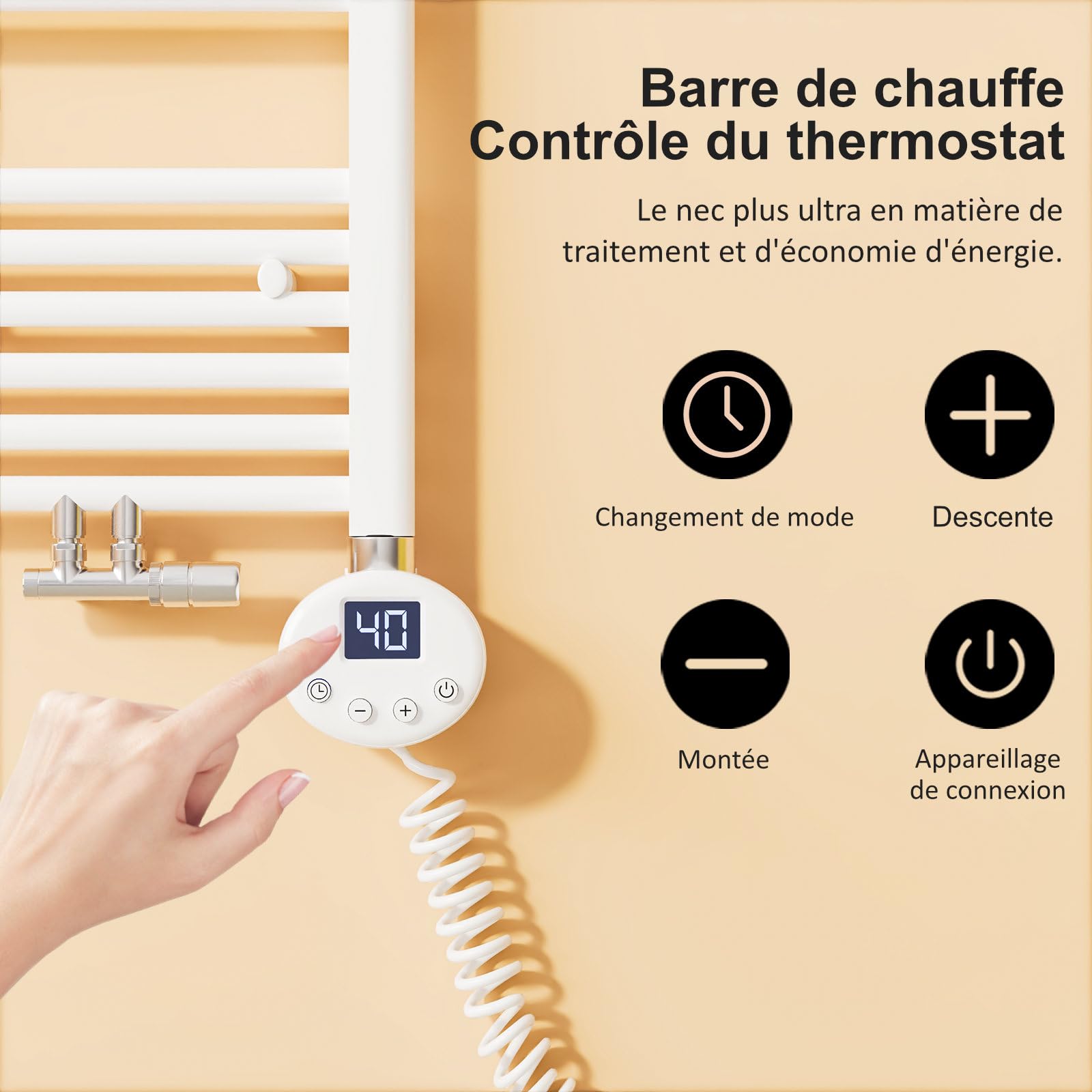 EMKE Résistance pour Radiateur,1200 W,Blanc | Élément Chauffant pour Sèche-Serviette de Salle de Bain avec Contrôleur de Température et Fonction de Synchronisation