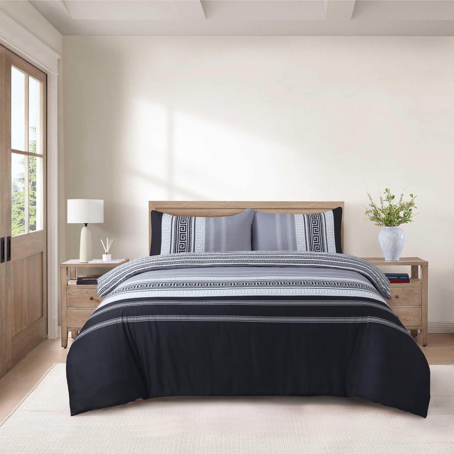 CHARKHAH 4 Piece Reversible Duvet Cover Set, Soft Brushed Microfibre Bedding with Fitted Sheet & 2 Pillowcases, Breathable Anti-Allergy Easy Care – Single, Double, King & Super King