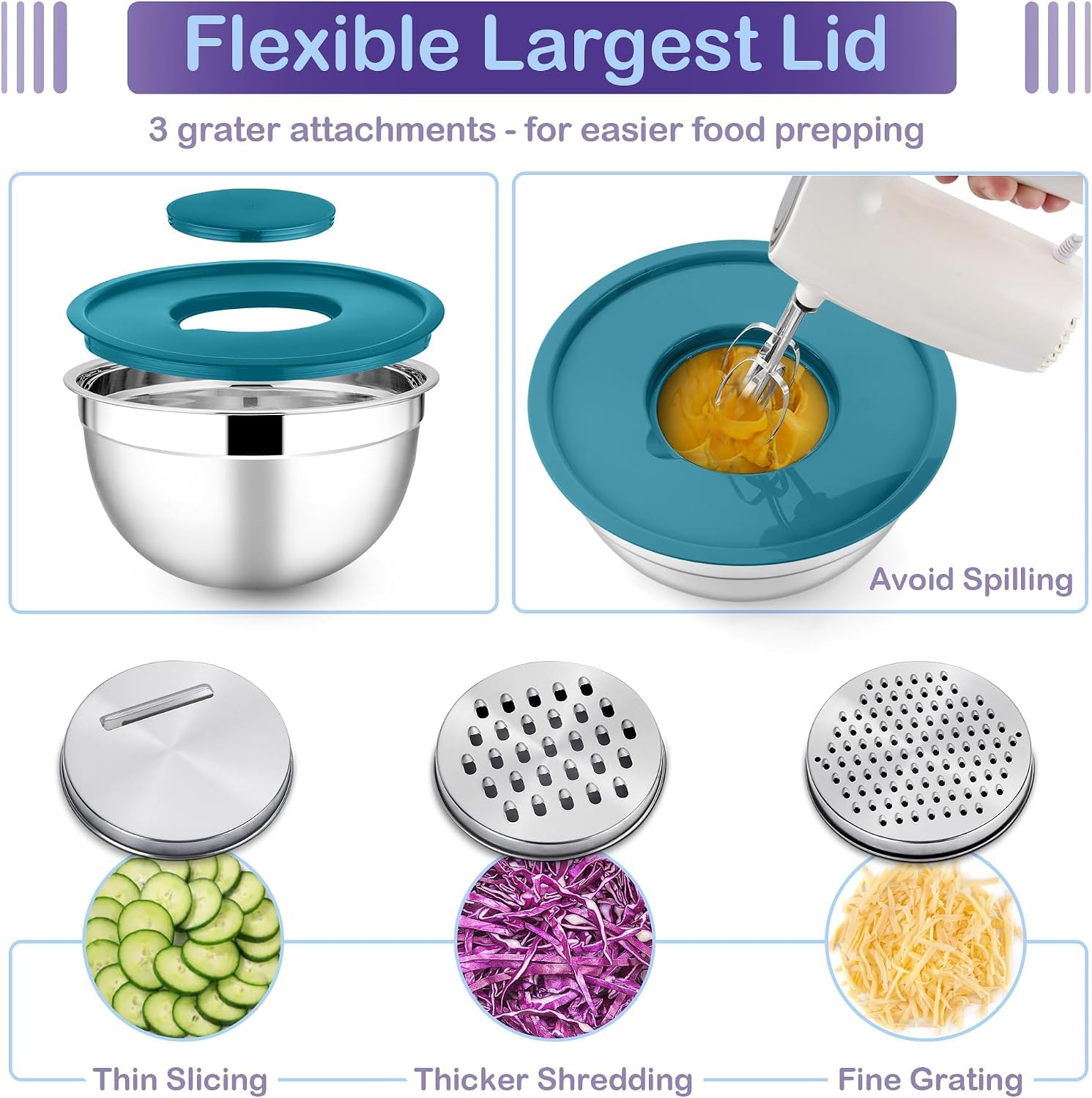 Joyfair Juego de 5 cuencos para mezclar, ensalada anidable de acero inoxidable con tapas herméticas, 3 accesorios de rallador y juego de almacenamiento de metal para hornear y preparar mezclas, tamaño