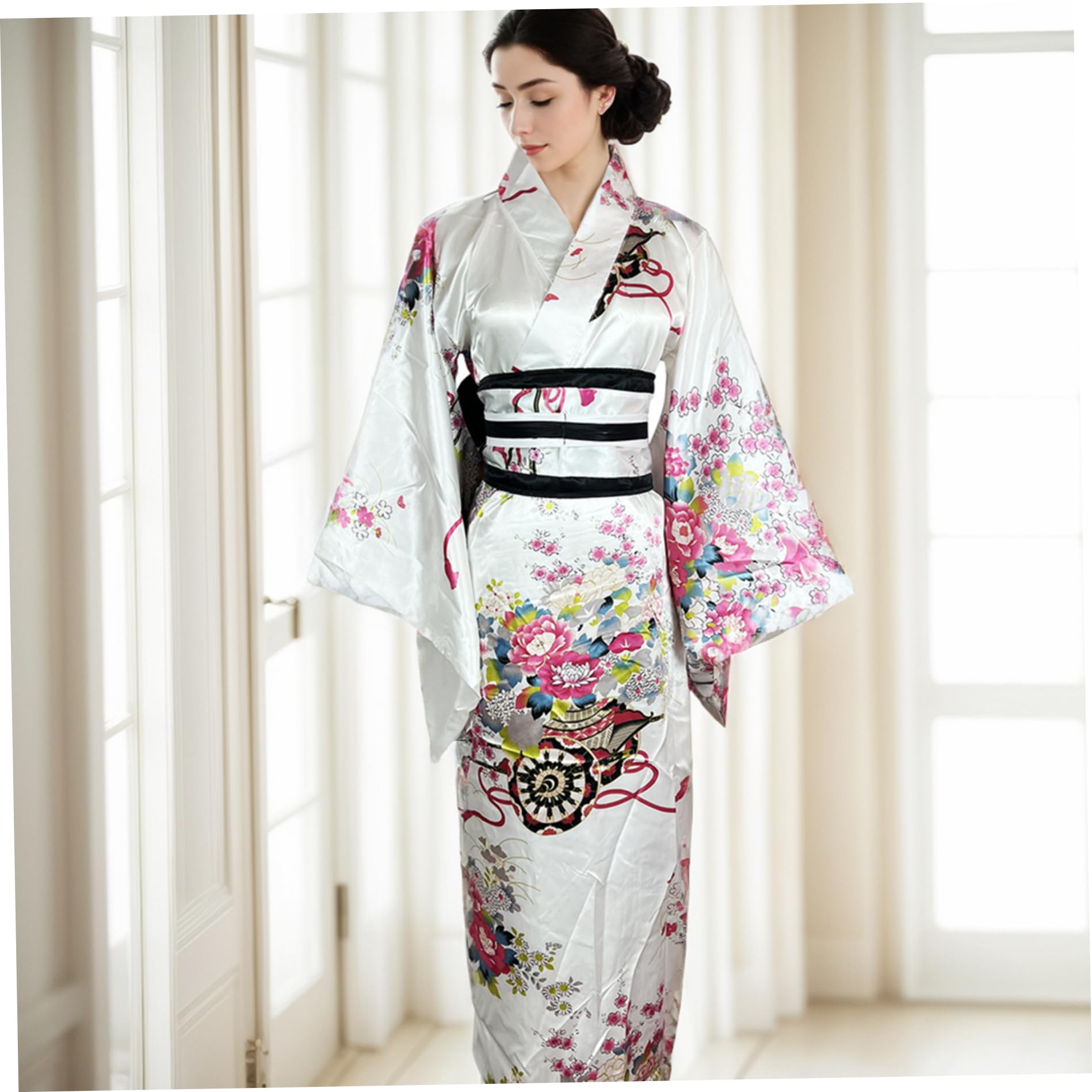 Yukata para Mujer, Kimono japonés con Estampado Floral, Sedoso, cómodo y Agradable para la Piel, con cinturón, Estilo Tradicional de Kioto, Ideal para Fiestas, Cosplay y Accesorios (Blanco).