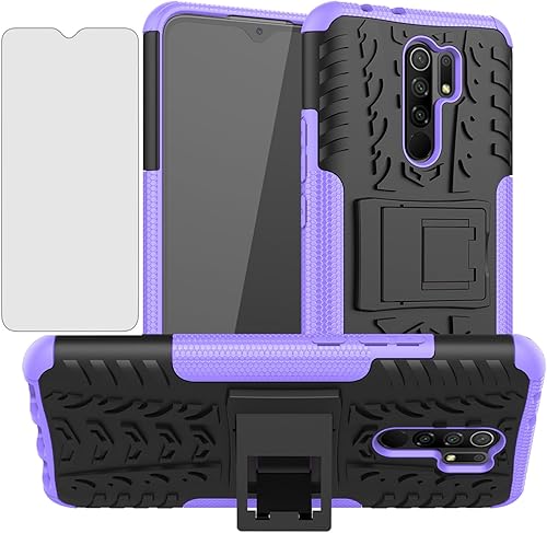 Asuwish Funda de teléfono para Xiaomi Redmi 9 con protector de pantalla de vidrio templado y soporte delgado, híbrida, resistente, funda protectora
