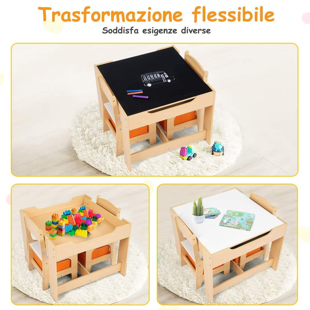 RELAX4LIFE Tavolino Bambini con Sedie, Tavolino Legno 3 in 1, Tavolo per Bambini con Piano Reversibile (Lavagna/Bianco) e 2 Sedie con Cassetti (62 x 62 x 48,5 cm, Naturale)