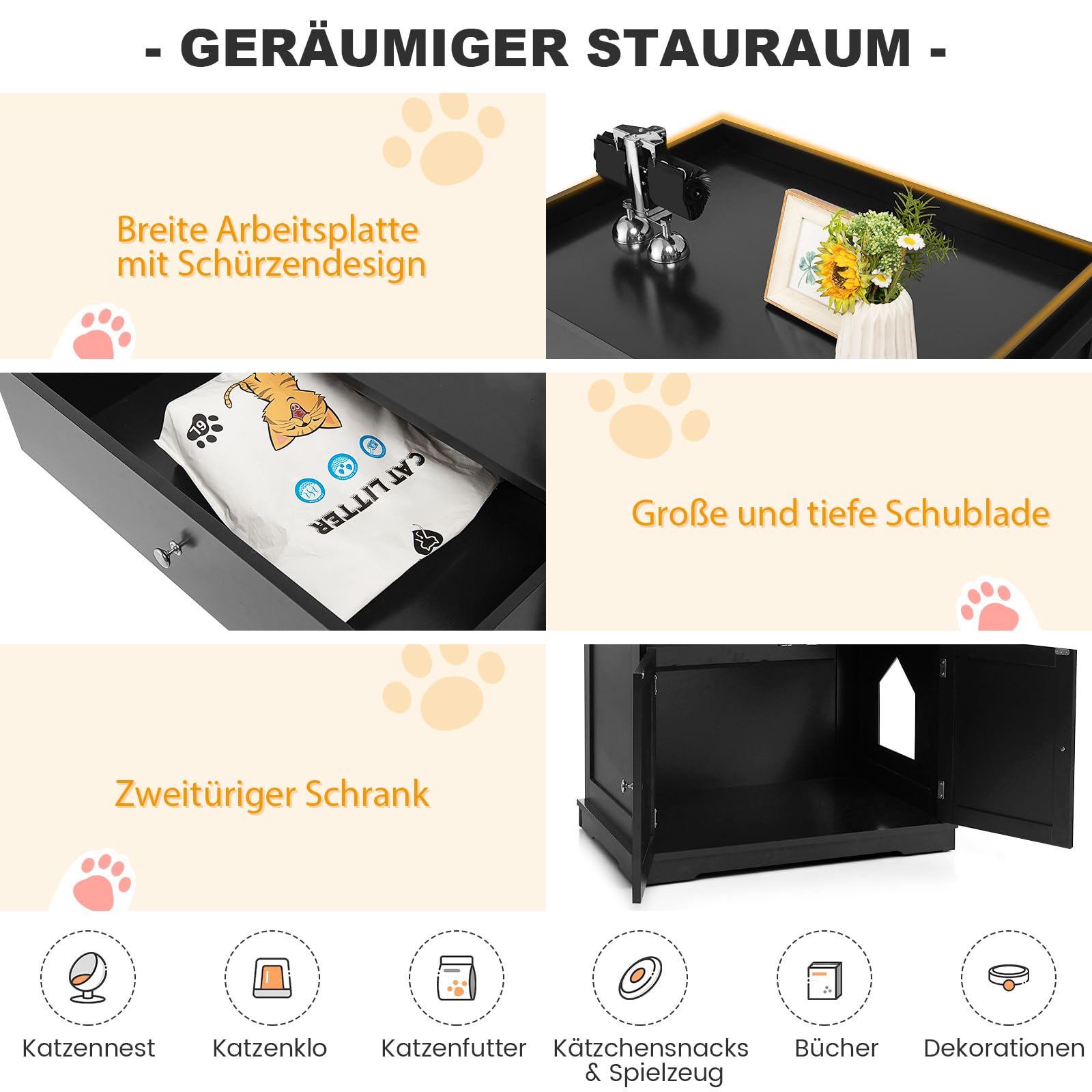 COSTWAY Katzenschrank mit Schublade & Tür & Eingang, 3-in-1 Katzenhaus Katzentoilette Beistelltisch, Schrank Katzenklo Katzenkommode, Katzenhöhle Haustierbox, Katzenmöbel (Schwarz)