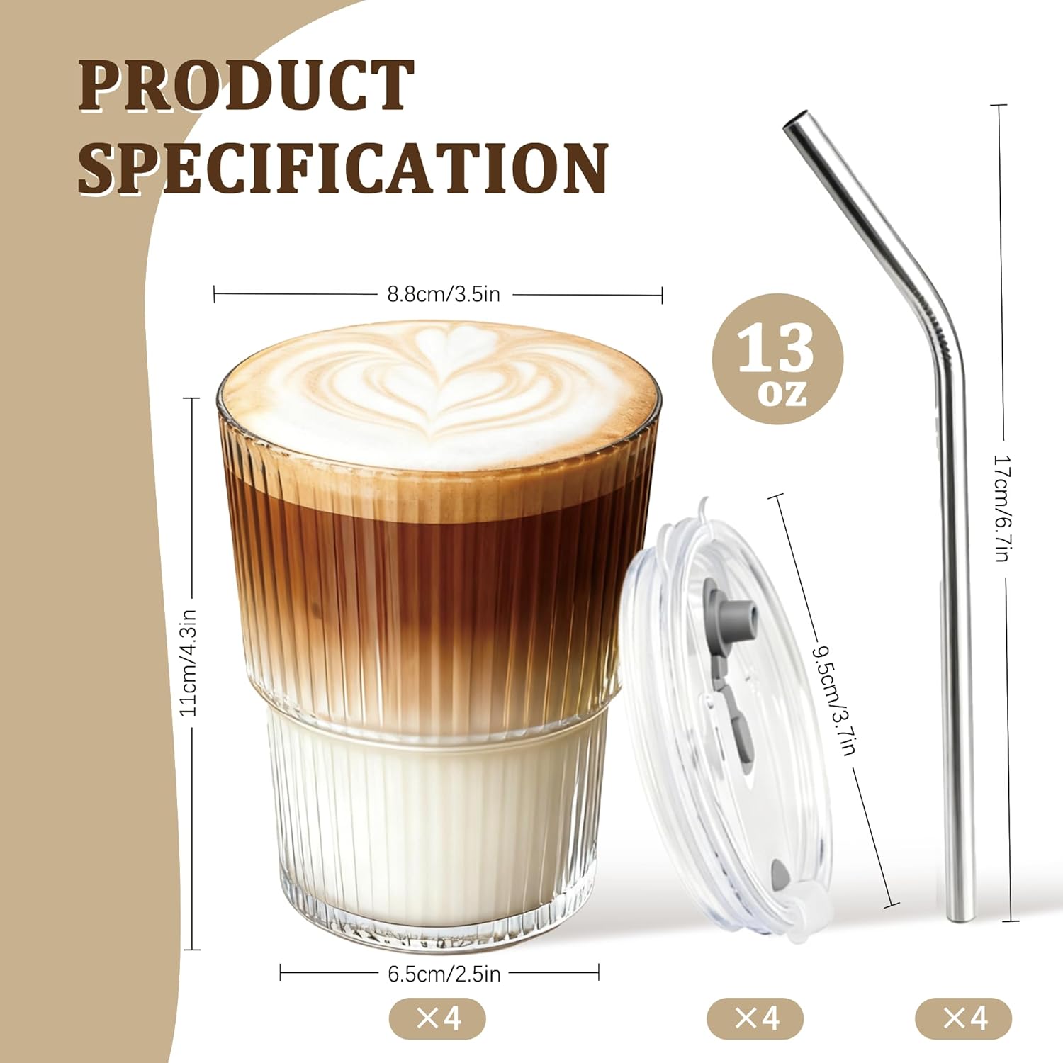 4 Packs Ribbed Glass Tumbler with Lid and Straw 13 oz Cute Ice Coffee Cup Set for Smoothie Juice Matcha Tea Latte Cappuccino Espresso Hot Coffe Water Reusable Clear Travel Boba Aesthetic Drinking Mug - Image 2