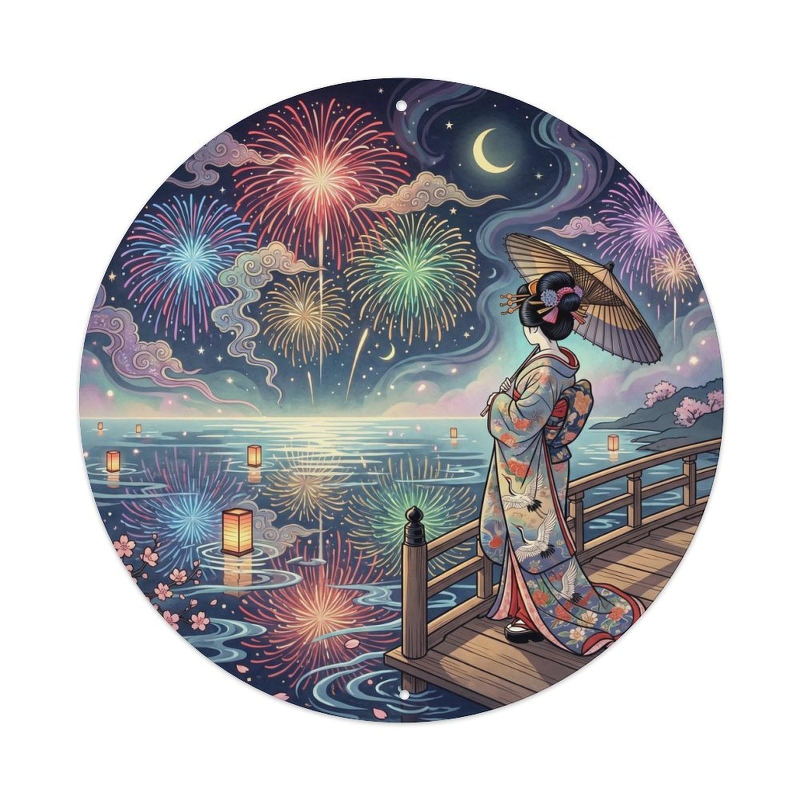 Tgrcjimh Style Metal Tin Sign Japanese Fireworks Reflected Water