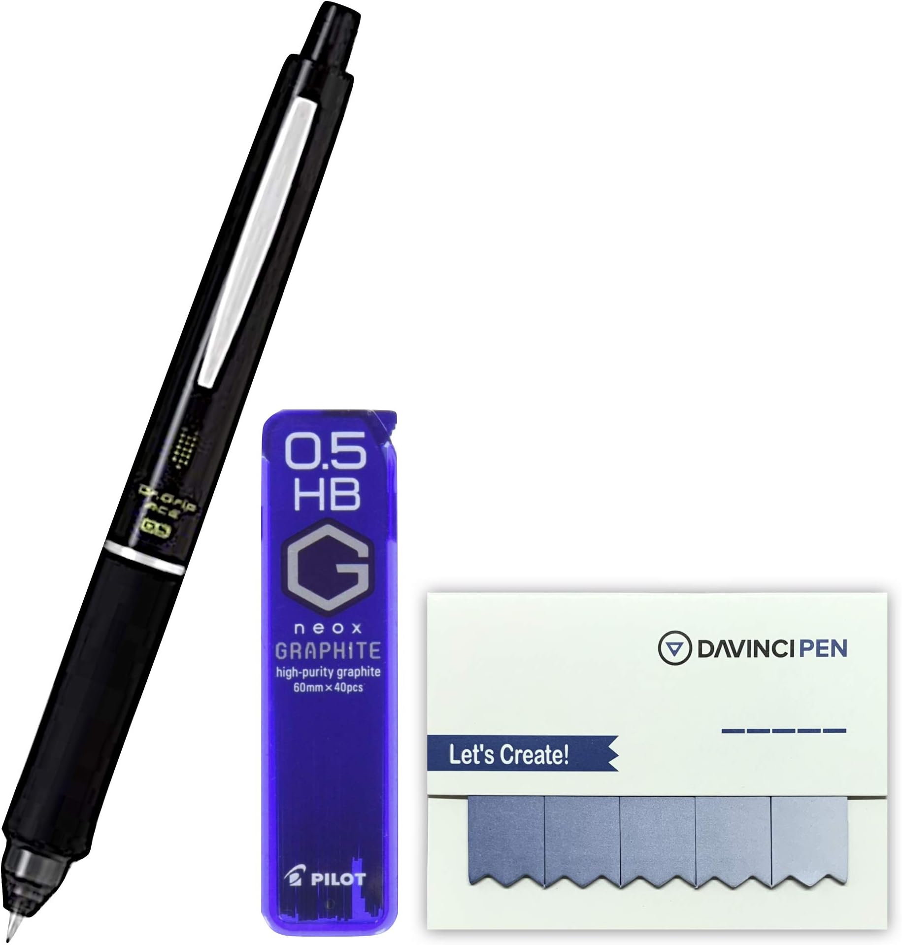 Dr.GripPILOT Dr. Grip Mechanical Pencil ACE 0.5mm Black Body with Lead Neox Graphite HB 40 Leads with DAVINCIPEN Sticky Note