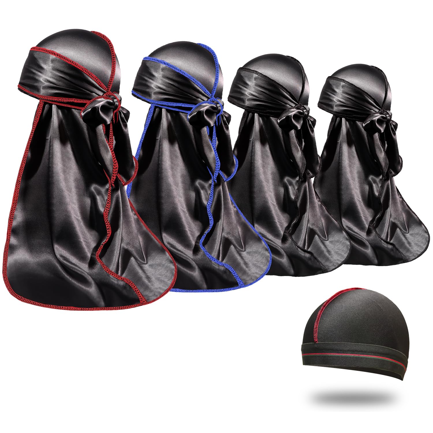 ForceWave 4PCS Silky Durags for Men Women 360 Waves with 1 Wave Cap | Silky Satin Moisture-Tech Fabric, Extra Long Tails, Unisex Fit, for Workouts, Cycling and Wave Training