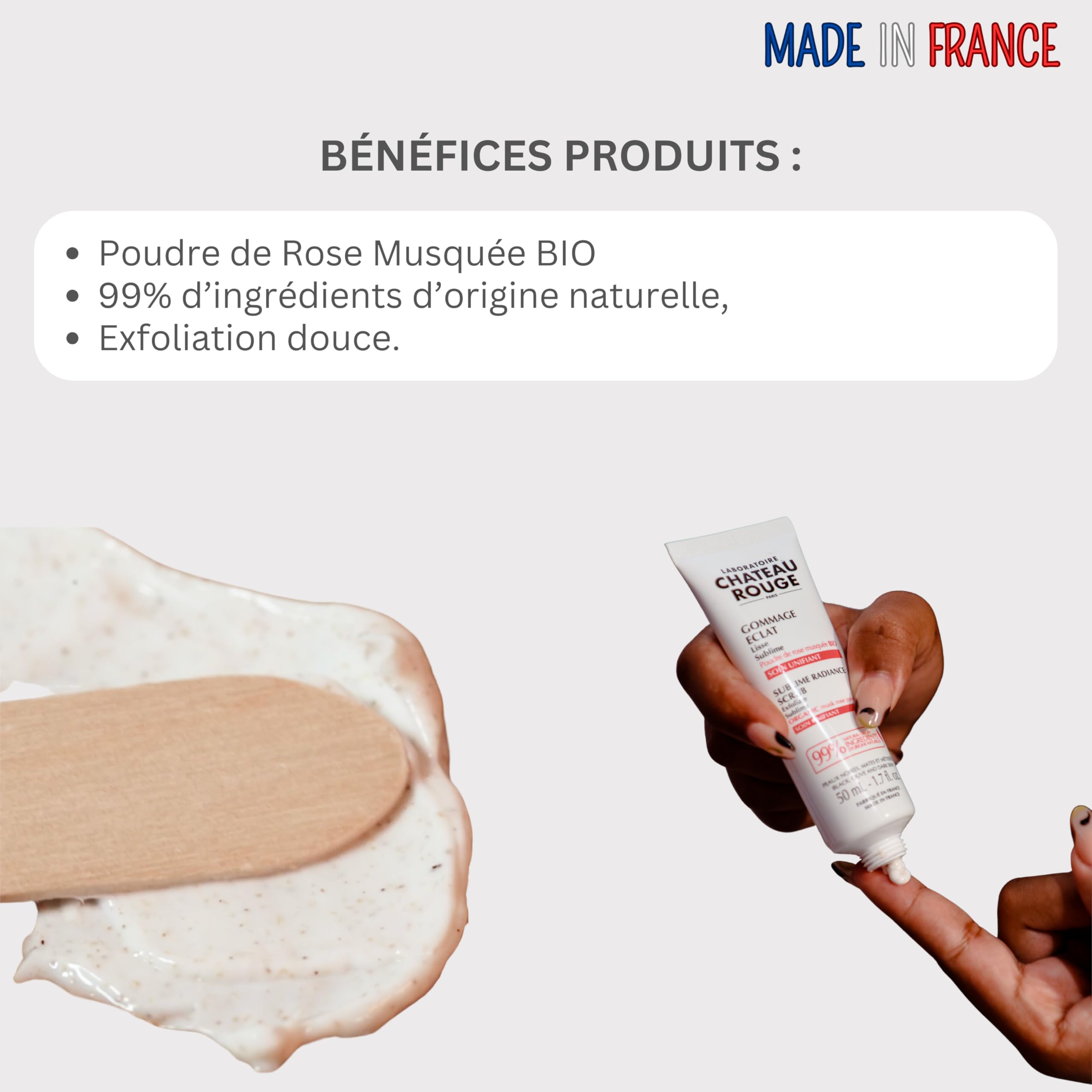 Laboratoire Château Rouge Gommage Visage Éclat 50 ml – Exfoliant Doux à la Rose Musquée Bio – Peaux Noires, Mates & Métissées – 99% d’Origine Naturelle – Made in France
