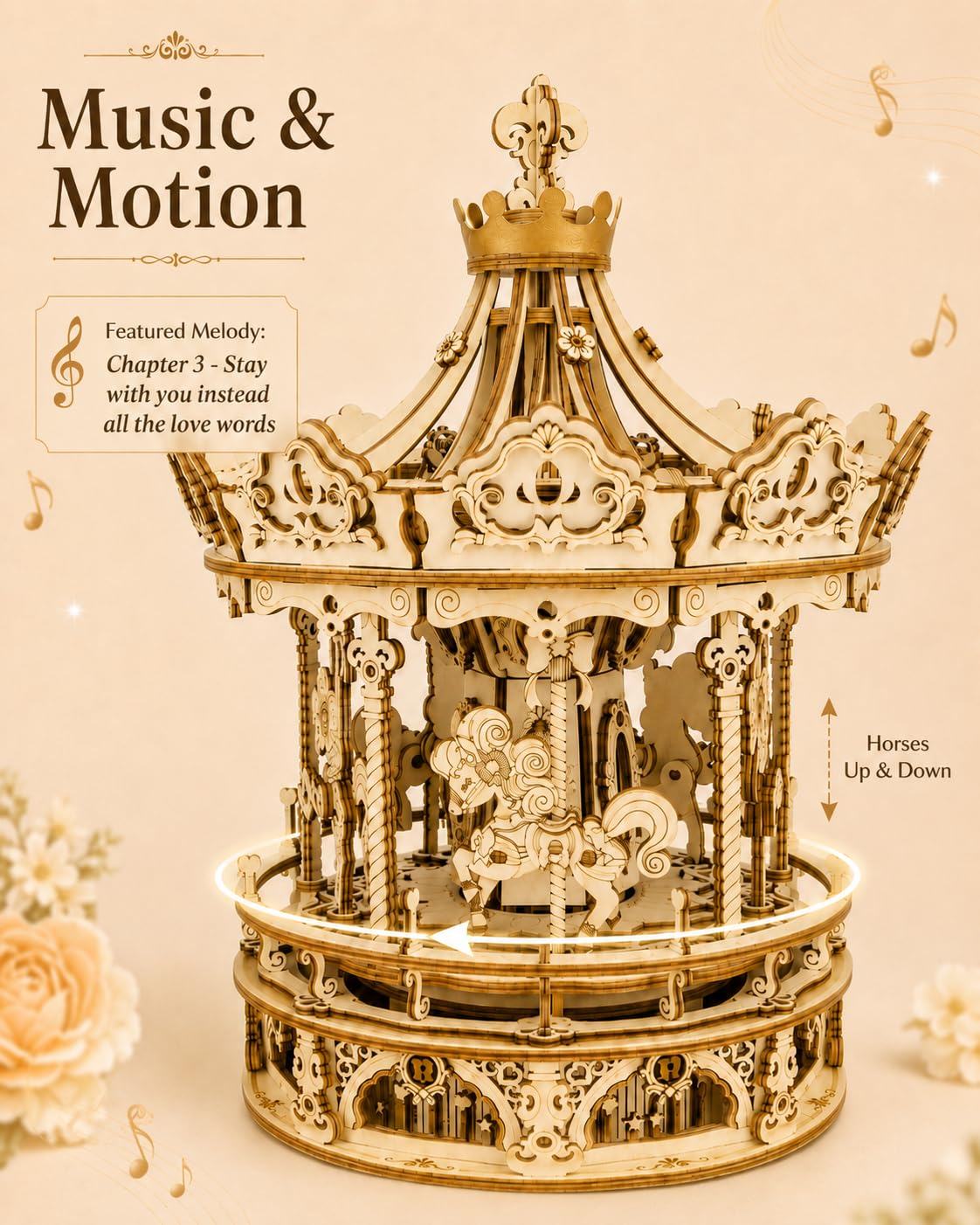 ROKR 3D Holzpuzzle für Erwachsene Modellbausatz Karussell Spieluhr,AMK62 | Nostalgische Karusselldeko, Regaldeko, Geschenk für Musikliebhaber und Sammler