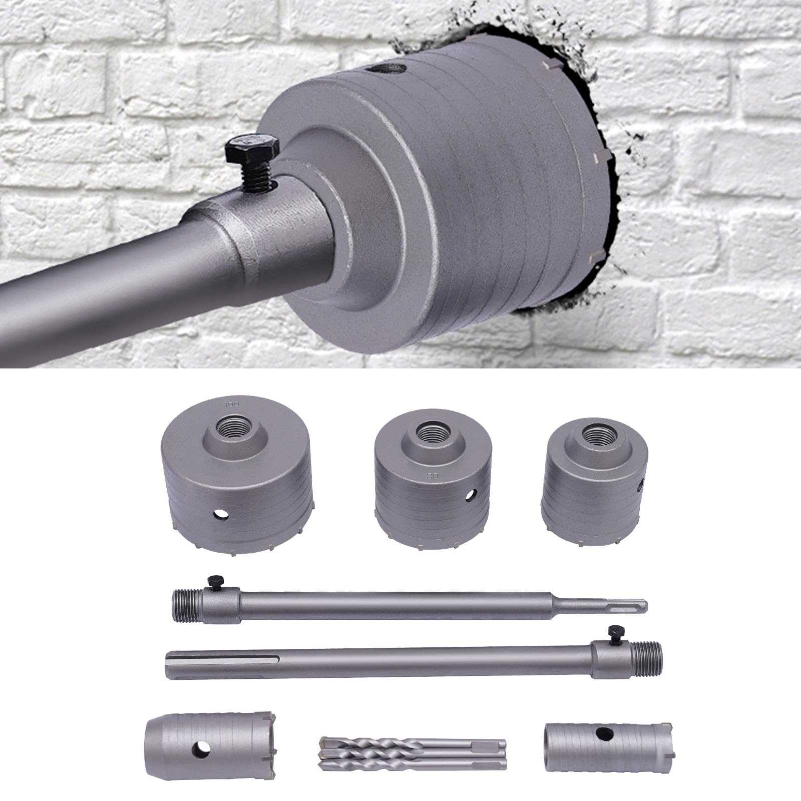 Set di corone per cemento e mattoni + attacco SDS-Plus/Max 300 mm, set di seghe a tazza