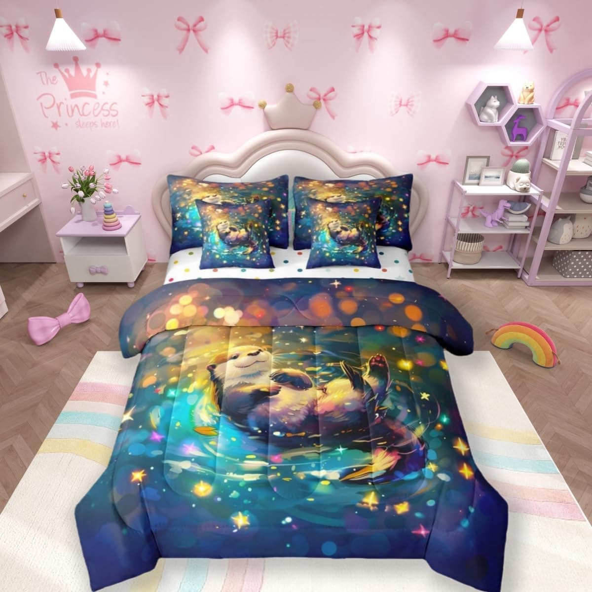 7 Pieces Video Games Controller Gamepad Comforter Full,Tale Castle Rose Flowers Romantic Bedding Set,Stars Bow Tie Pink Romantic（Comforter+Fitted+Flat Sheet+2 Pillowcases+2 Throw Pillow Covers）