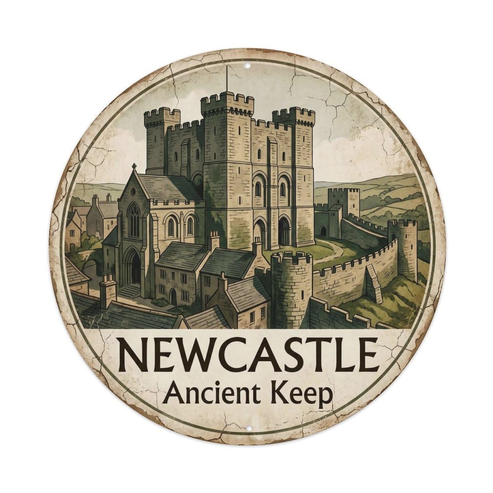 Newcastle Castle Keep Travel Map Vintage Landmark Cartography Metal Tin Sign Plaque Wall Decor for Cafe, Man Cave, Club Bar, Office, Home Garden Round Metal Poster 8x8Inch