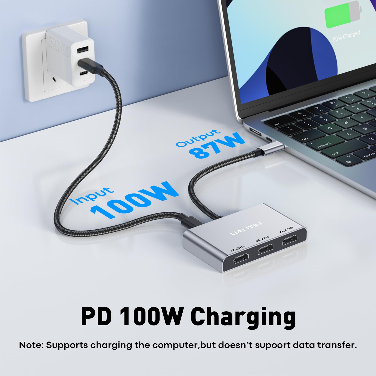 UANTIN Adattatore da USB C a 3 HDMI con PD 100W, 4K@60Hz HDMI Splitter Display esteso per multi-monitor, adattatore per 3 monitor, Windows consente la visualizzazione di 4 schermi separati, macOS solo