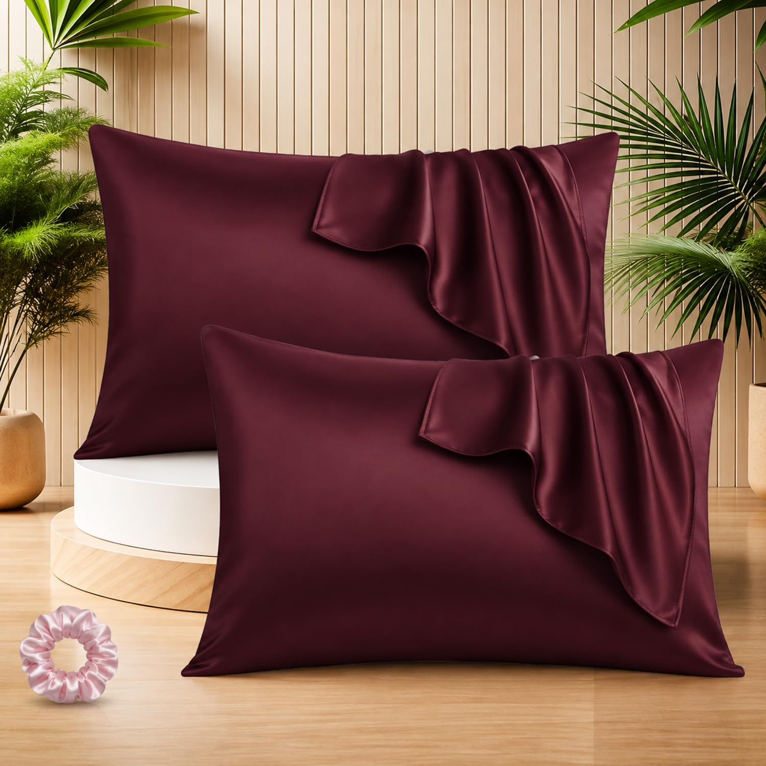 SITTELLA Satin Pillow Covers for Hair | Set of 2 + 1 Free Satin Scrunchie | Silk Pillow Case | Soft Pillow Satin Cover with Hidden Zipper | Pillow Cover | Maroon