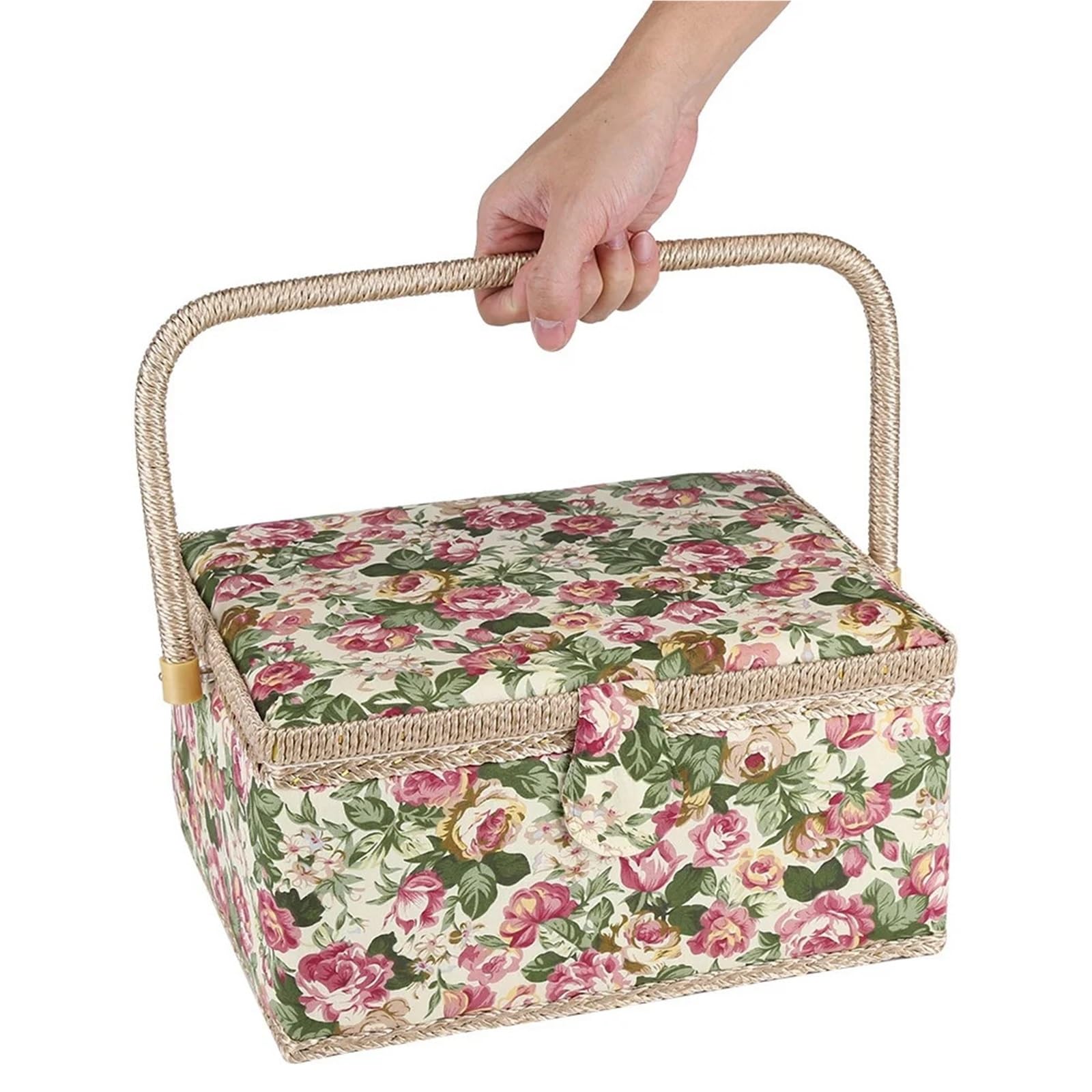Scatola portaoggetti artigianale in tessuto stampato floreale Cestino da cucito for la casa con manico