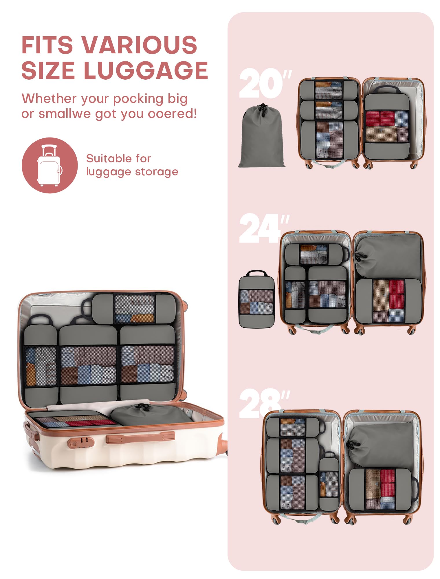SDGFUI 4 Set/6 Set/8 Set di Cubi di Imballaggio di Compressione per Viaggio, Bagagli Da Viaggio Cubi di Compressione, Grigio, 6 Set, Da viaggio