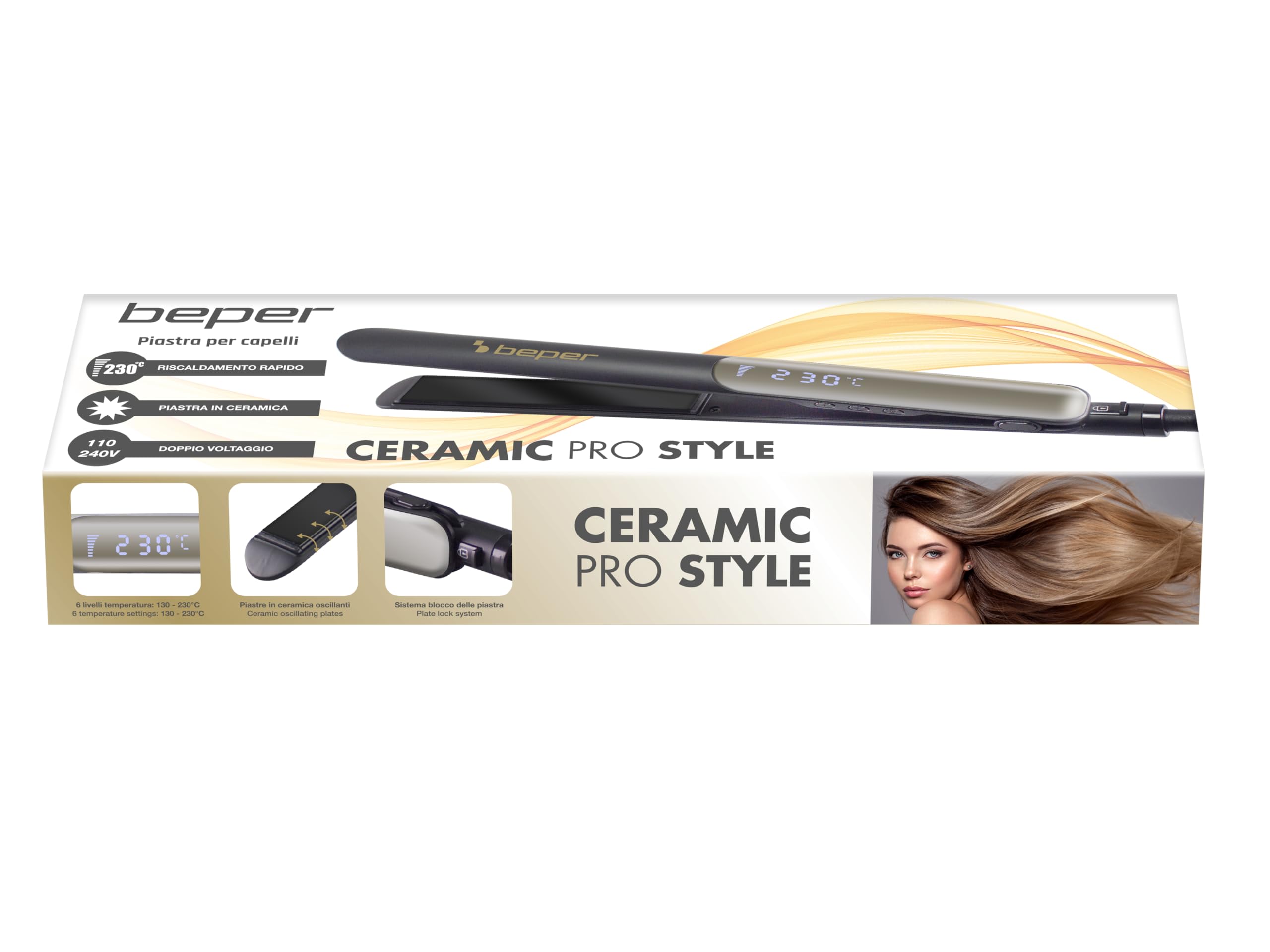 BEPER P301PIS200 Ceramiczna Prostownica do Włosów, Prostownica z 6 Ustawieniami Temperatury, Szybkie Nagrzewanie do 230°, Obrotowy Kabel 360°, Automatyczne Zatrzymanie, Blokada Płytek, Czarny