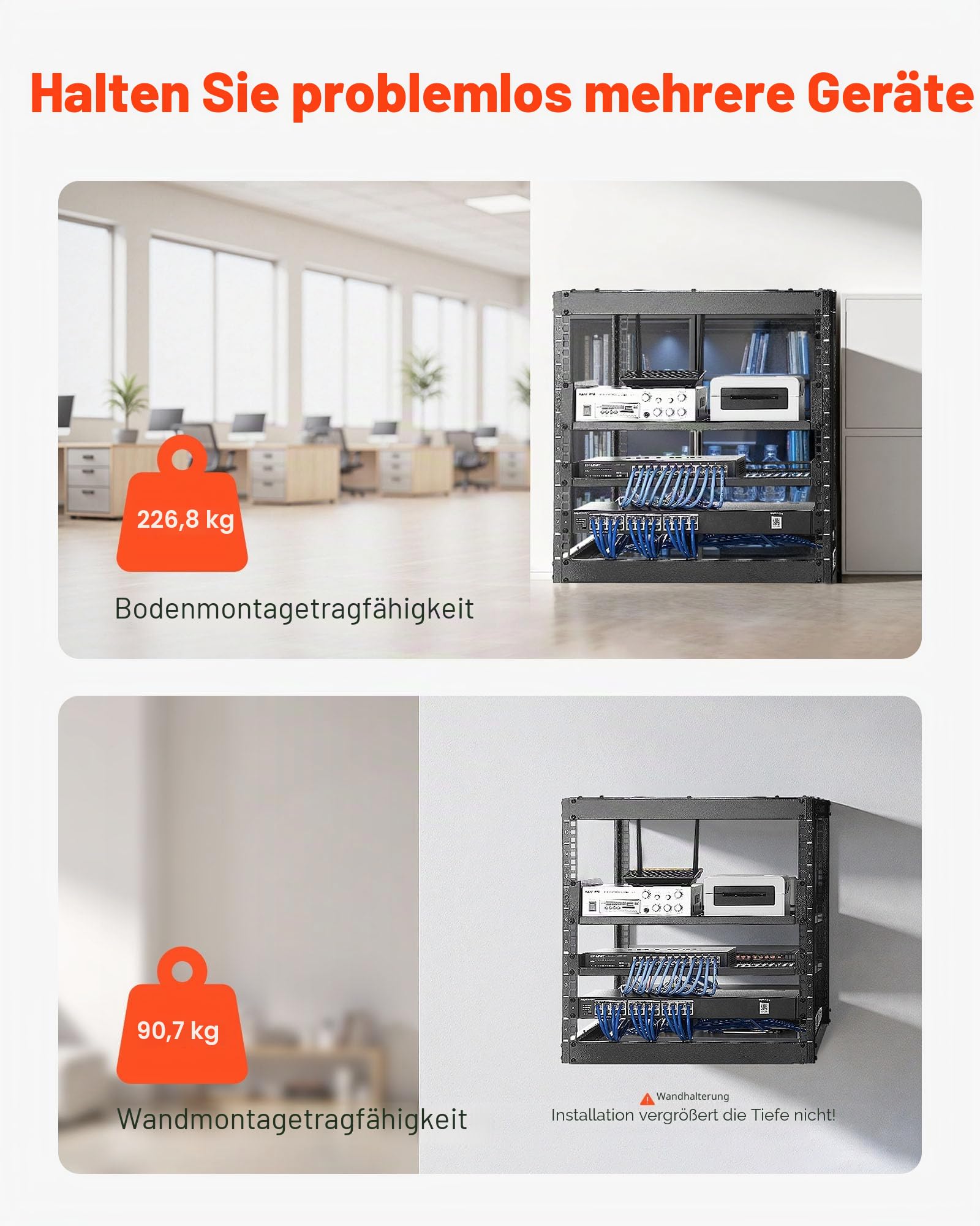 VEVOR 10U Open Frame Netzwerk-Rack, 585 mm Tiefe, Wandmontage oder als Stand-Server-Rack, 4-Pfosten-Konstruktion, mit belüfteten Regalen & Montagezubehör, für All Netzwerk-IT-Geräte &AV-Ausrüstung