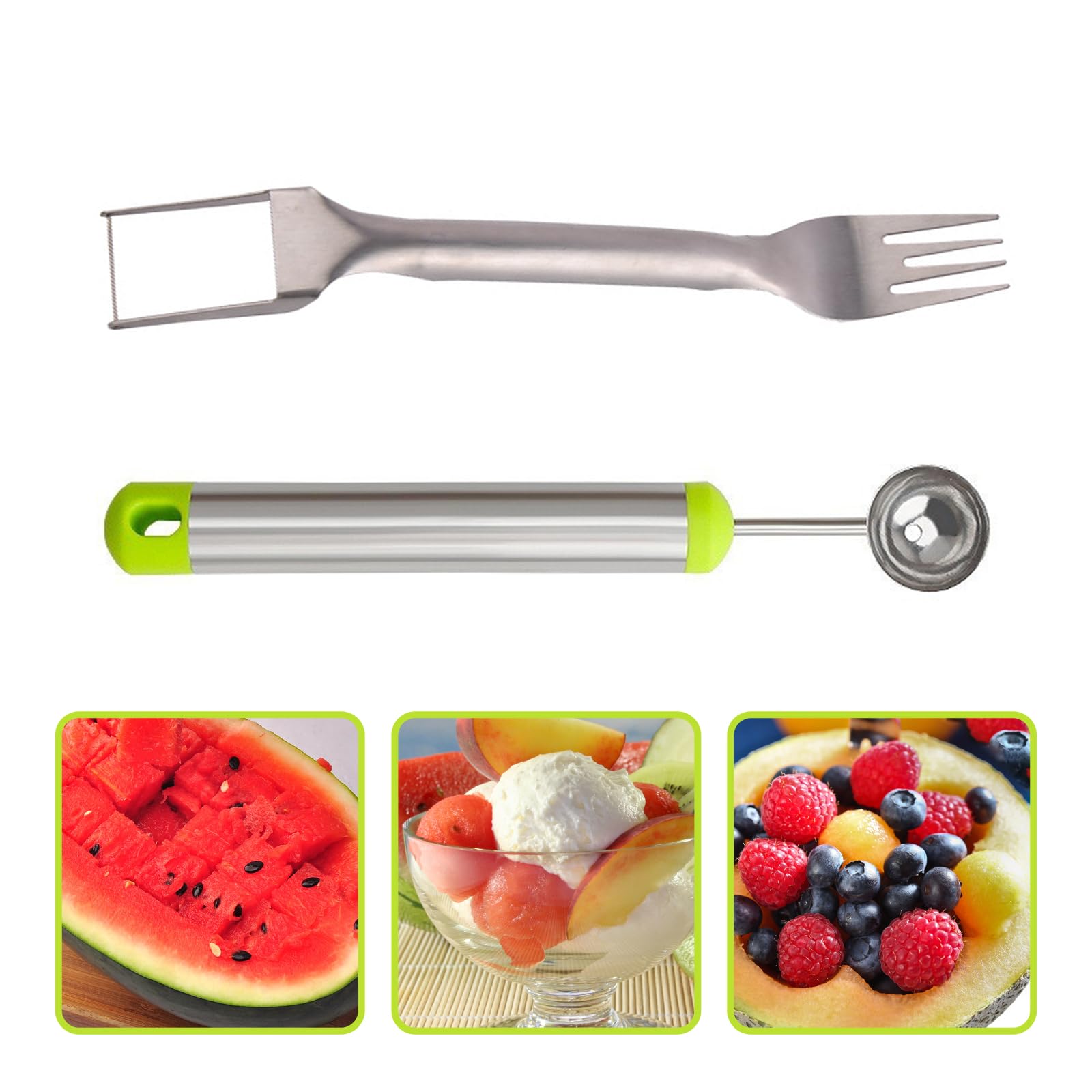 2-in-1 Stainless Steel Watermelon Fruit Cutter Slicer Tool and Melon Baller Scoop Fruit Ball Cutter Set, Dual Head Fork Knife Melon Cutter Cutting Tool.