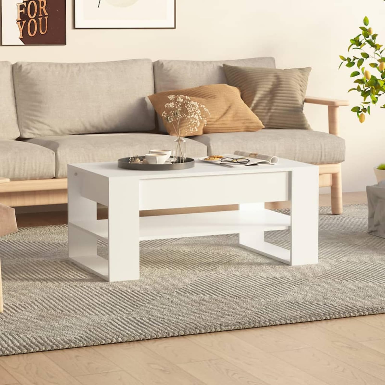 Homgoday Tavolino da caffè bianco 102 x 55 x 45 cm, in legno ingegnerizzato, tavolino da tè per soggiorno, sala d'accoglienza degli ospiti, camera da letto e mobili da ufficio
