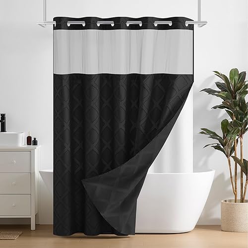 Miniatura 9 de downluxe Cortina de ducha sin gancho con forro a presión, juego de cortina de ducha de tela de gofre gris para baño, cortinas impermeables de doble