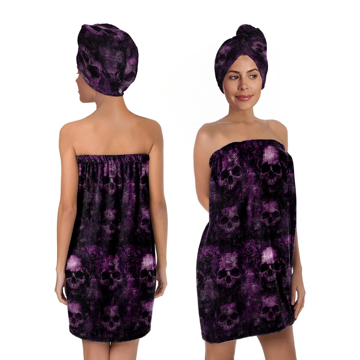 YWZDS Gothic Skull Print Bath Wrap Set with Hair Turban, Purple and Black, Women's Spa Towel Wrap