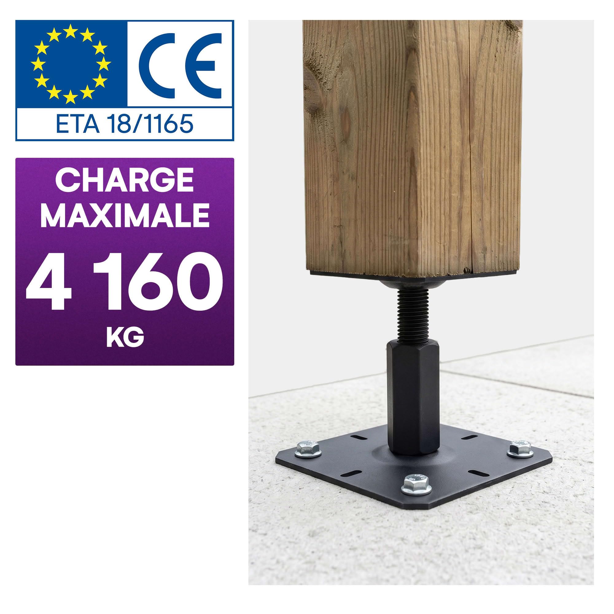 4 embases pied de poteau réglables - Platine 100 mm - Base 130 mm - M20 - Acier galva Noir - Ht 150 à 250mm - Fabriqué en Europe