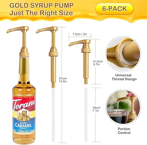 Miniatura 2 de YEVIOR Bomba de jarabe, dispensador de bomba de jarabe de café, paquete de 6 bombas de jarabe dorado para botella de jarabe de 25.4 onzas, bombas de
