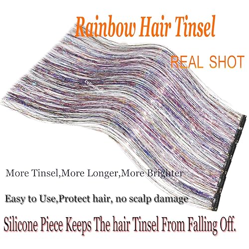 Miniatura 3 de Extensiones de cabello brillante con clip de oropel arcoíris para niñas, Navidad y Año Nuevo (24 pulgadas, paquete de 12 unidades, arcoíris)