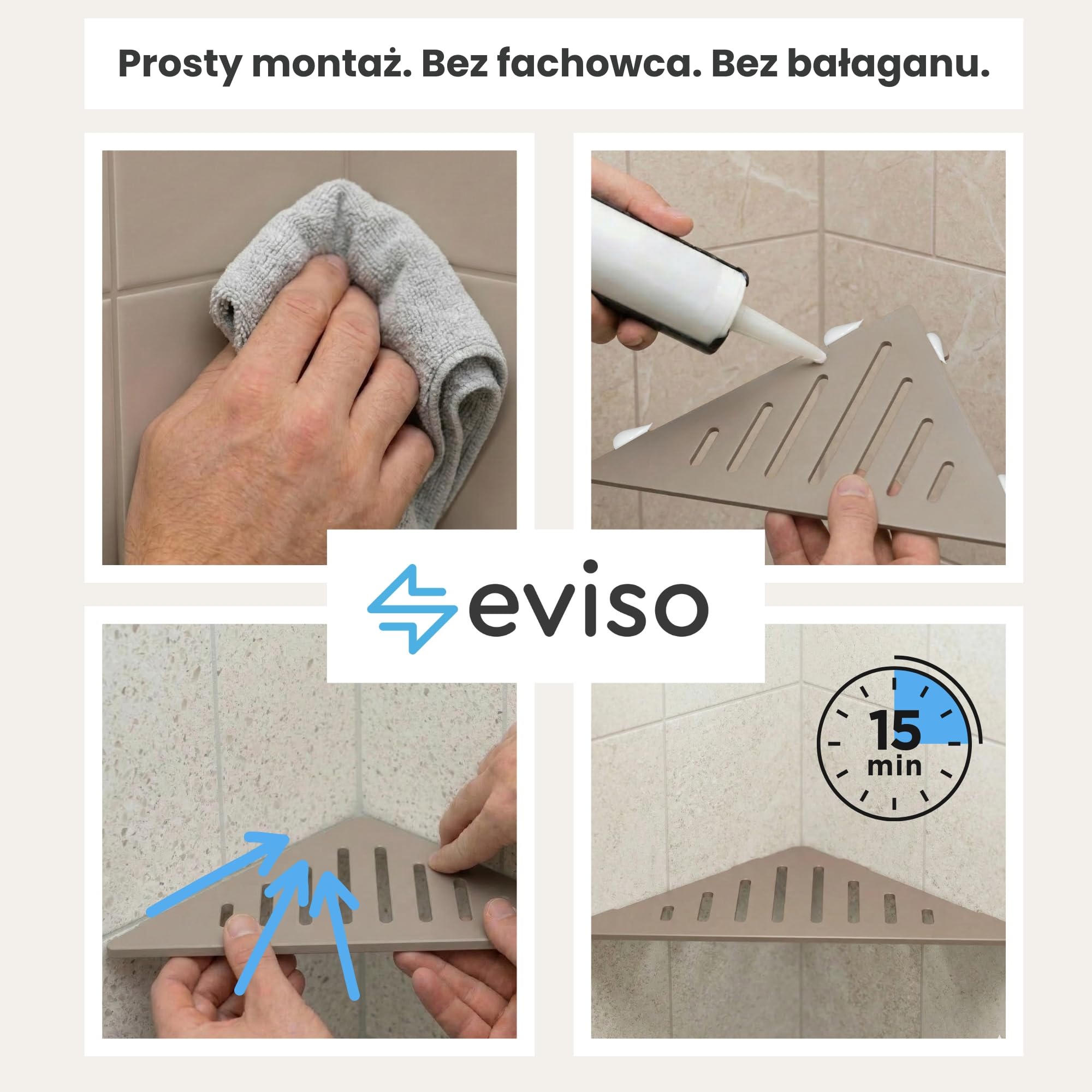 Eviso Premium Étagère de Douche d'Angle sans Perçage – Tablette de Douche en Acier Inoxydable AISI 304 Massif (ASTM) – Design Slim Mural pour Joint de Carrelage