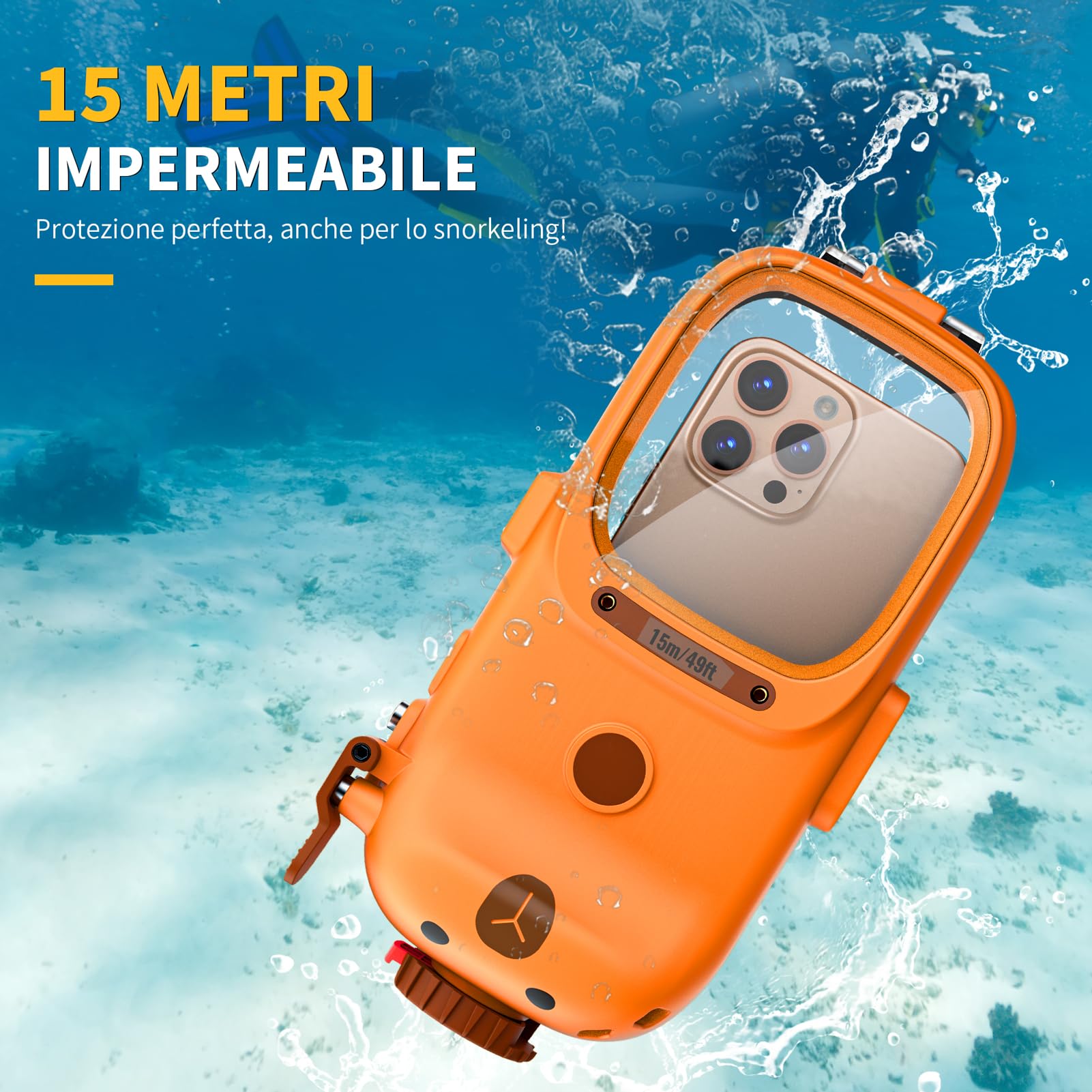 Lanhiem Custodia Impermeabile Professionale Subacquea IP68 15M - Per Telefoni iPhone,Samsung,Huawei e Xiaomi (fino a 6,9") Controllo Fotografico Bluetooth per le Vostre Avventure,Arancione