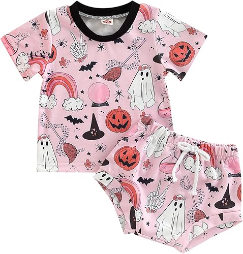 TheFound Camisetas de Halloween para bebés y niñas, con estampado de calabaza, fantasma, murciélagos, camisetas con cintura elástica, pantalones